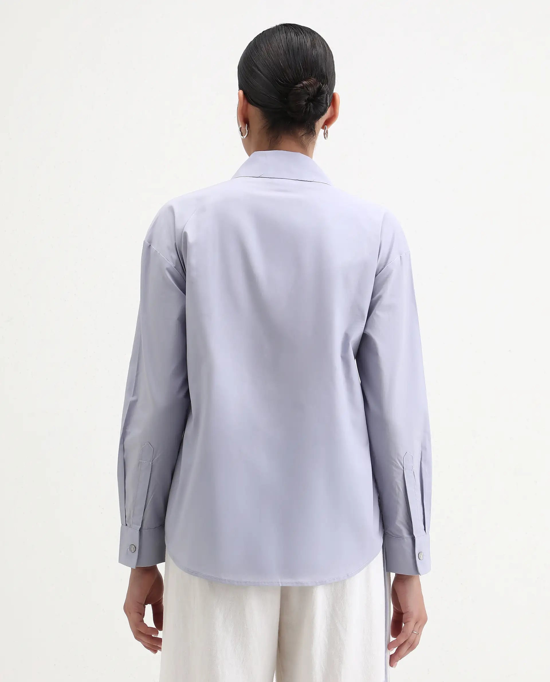 Rareism Women's Oisin Light Grey Cotton Spread Collar Plain Cuffed Sleeve Regular Fit Top