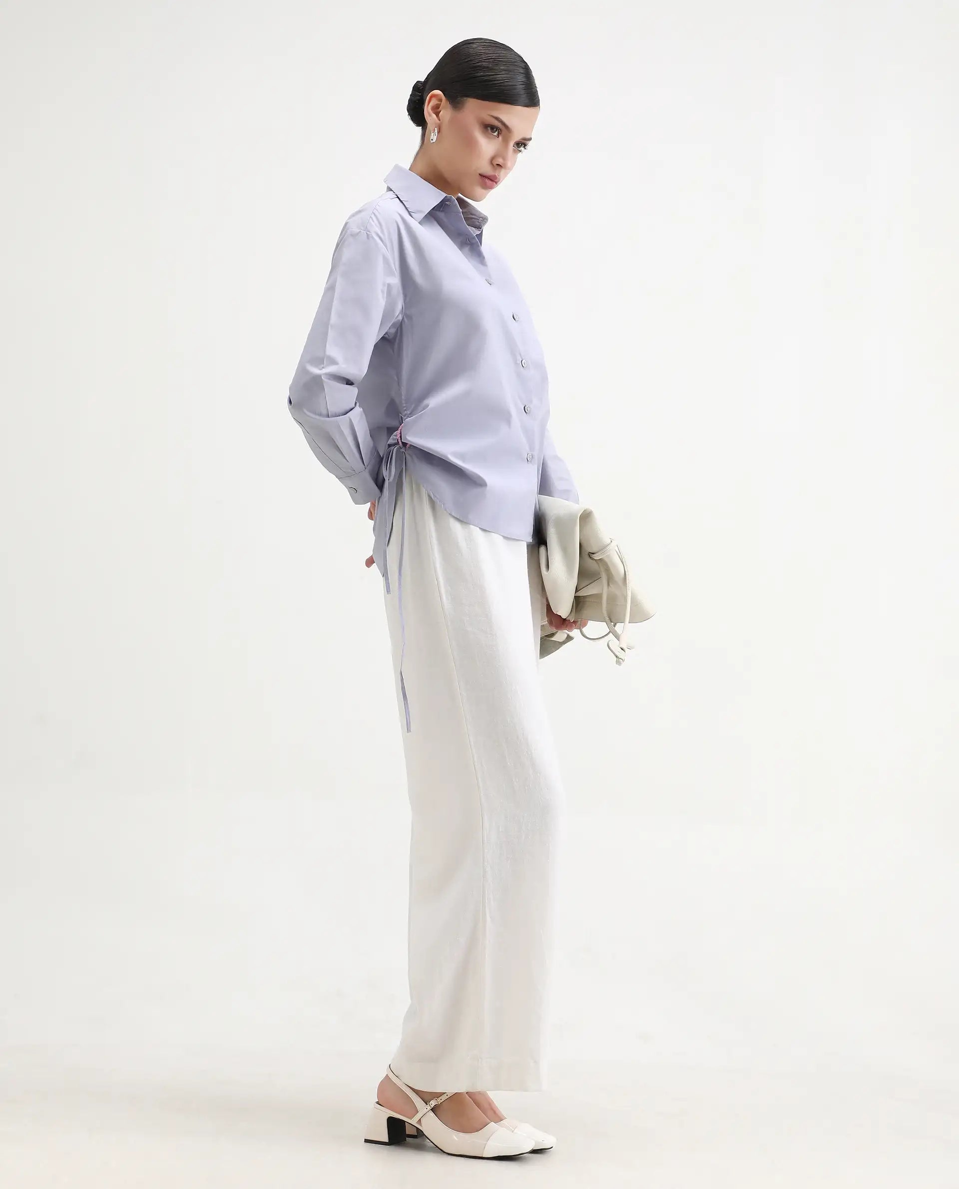 Rareism Women's Oisin Light Grey Cotton Spread Collar Plain Cuffed Sleeve Regular Fit Top