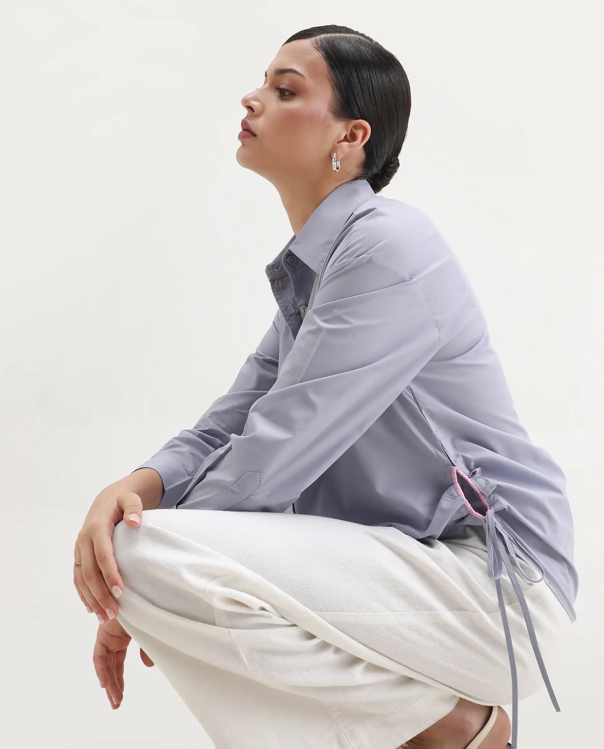 Rareism Women's Oisin Light Grey Cotton Spread Collar Plain Cuffed Sleeve Regular Fit Top