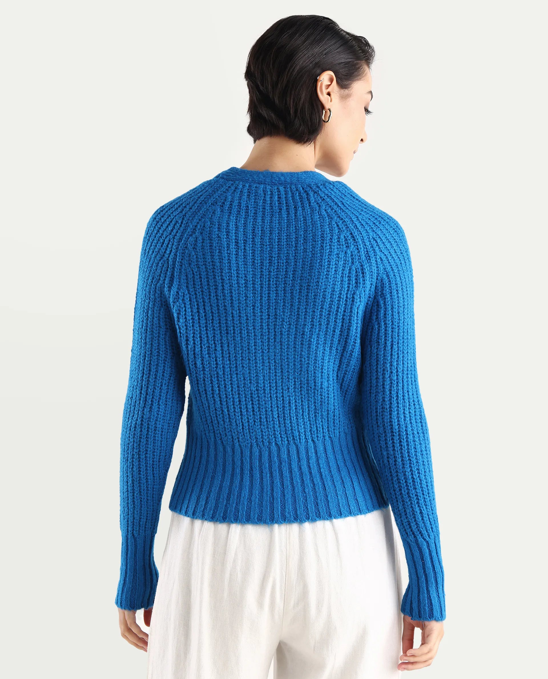 Rareism Women's Okali Blue V-Neck Plain Regular Fit Cardigan