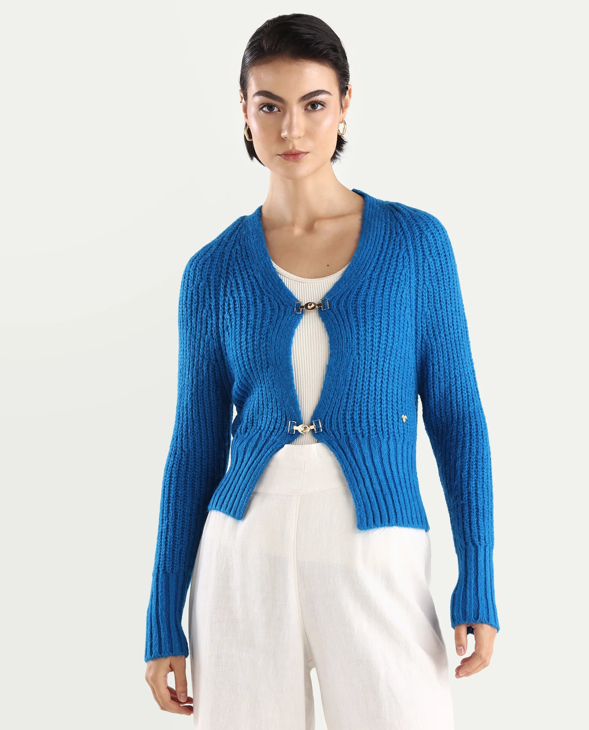 Rareism Women's Okali Blue V-Neck Plain Regular Fit Cardigan