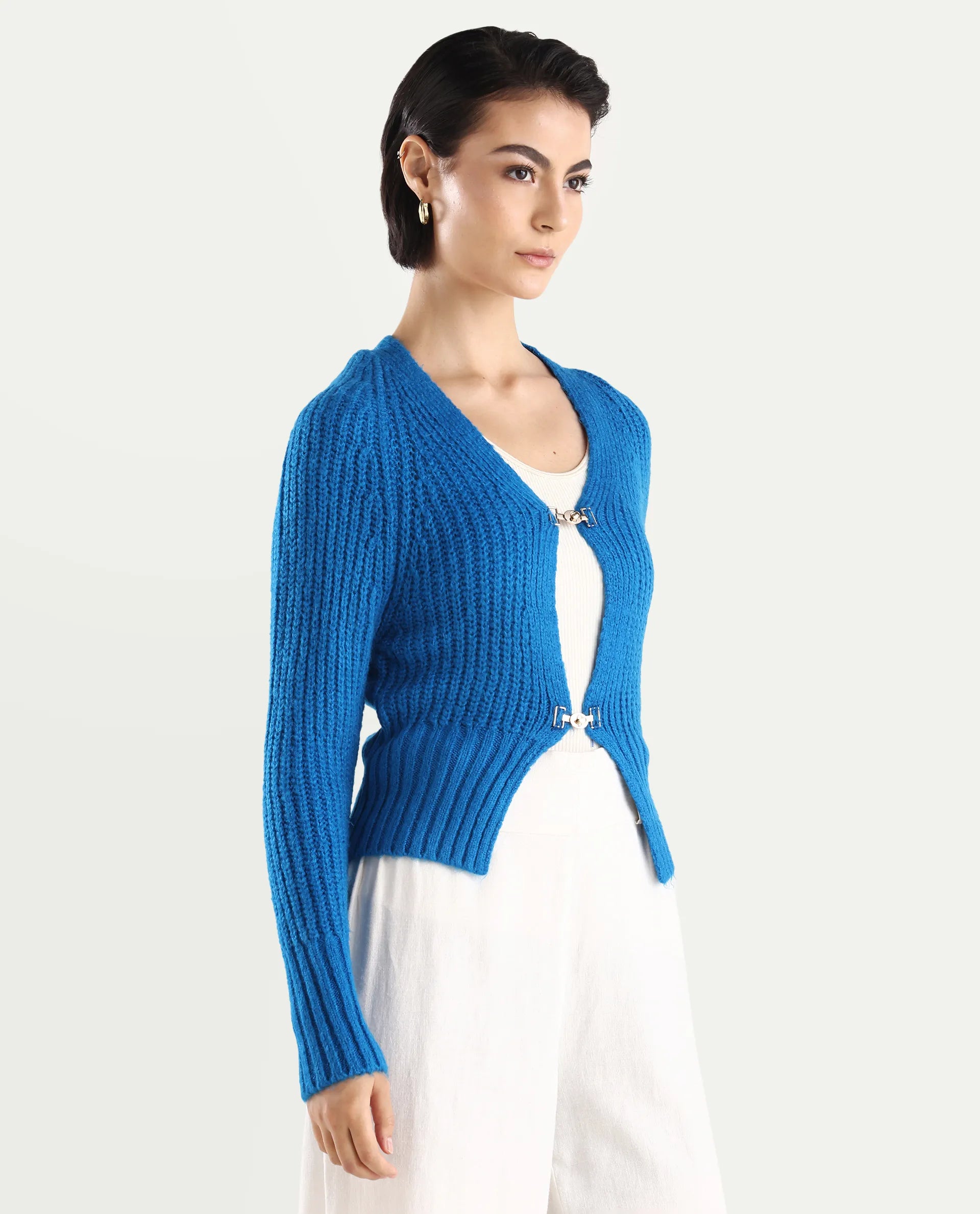 Rareism Women's Okali Blue V-Neck Plain Regular Fit Cardigan