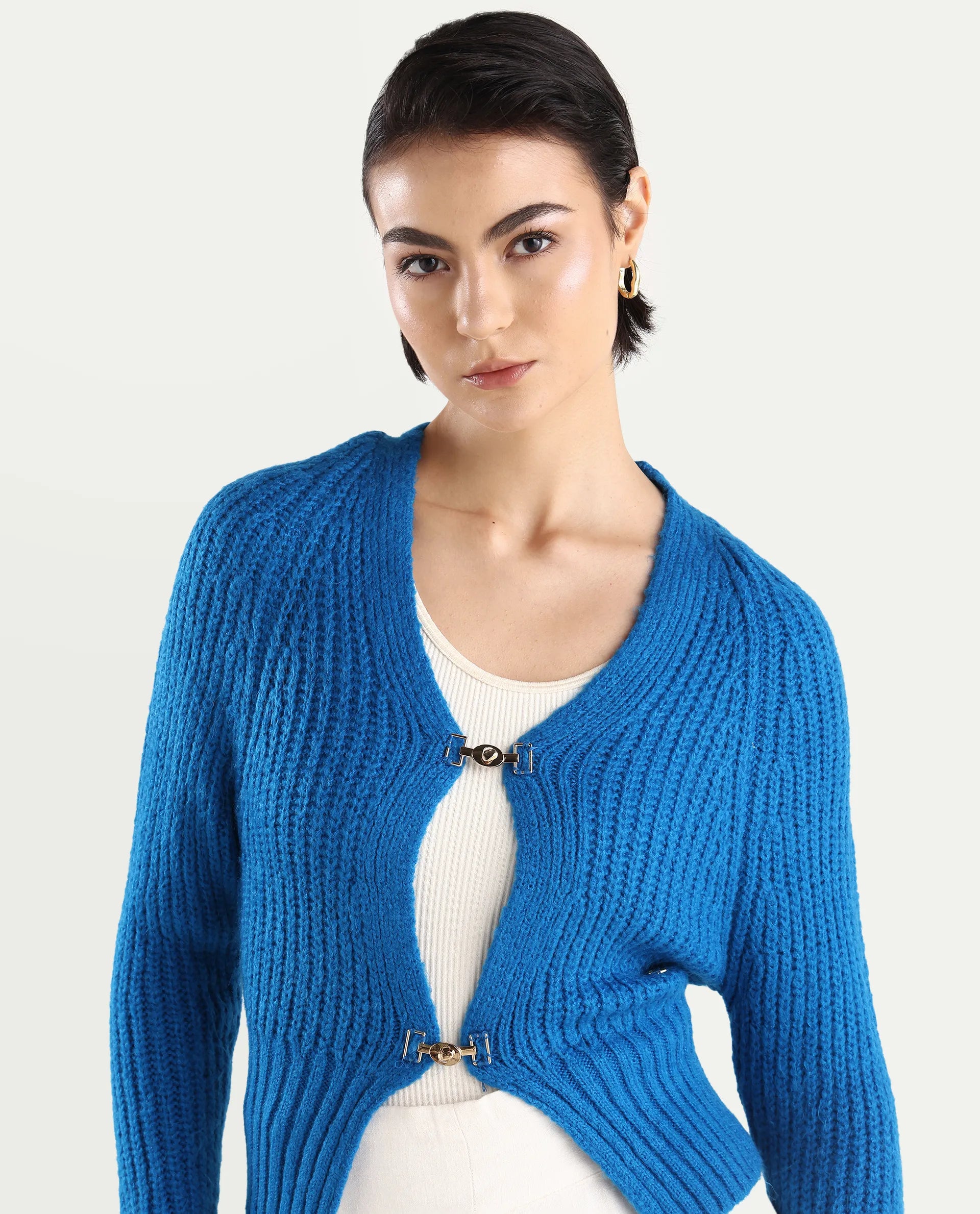 Rareism Women's Okali Blue V-Neck Plain Regular Fit Cardigan