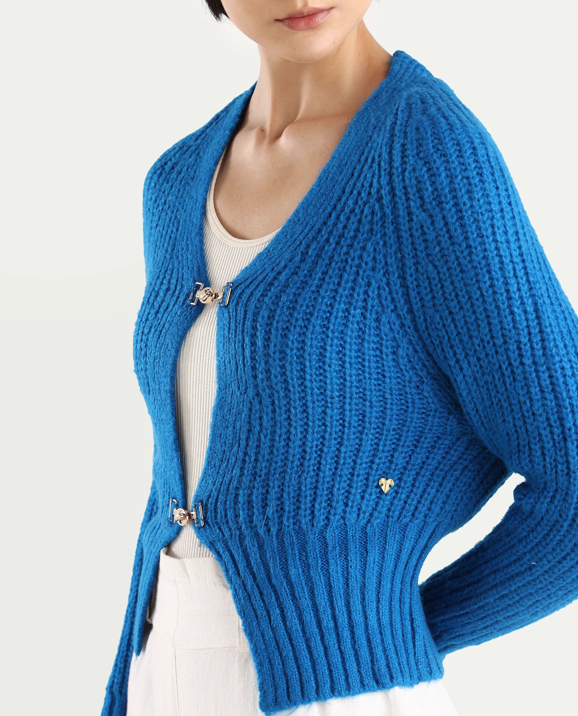 Rareism Women's Okali Blue V-Neck Plain Regular Fit Cardigan