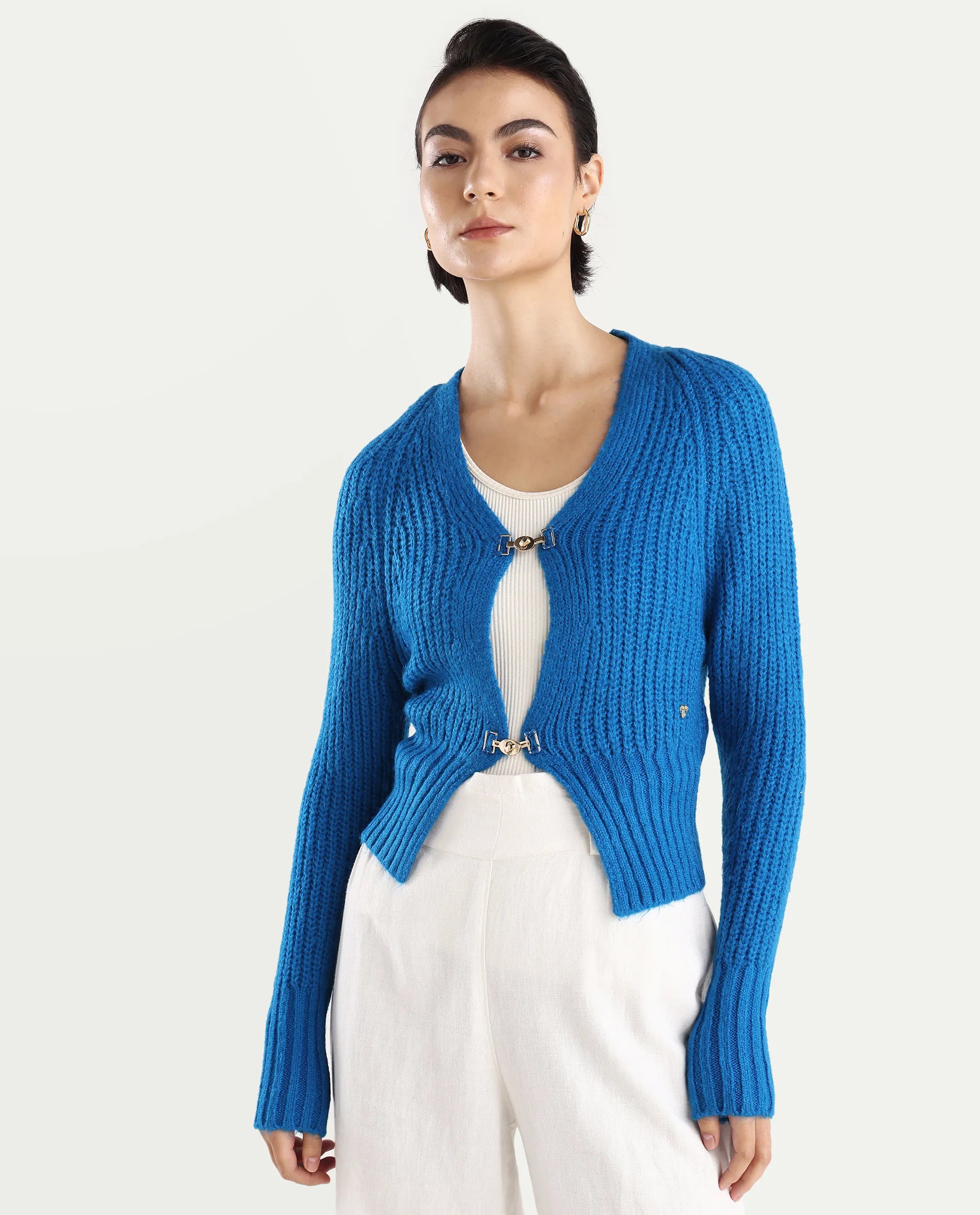 Rareism Women's Okali Blue V-Neck Plain Regular Fit Cardigan