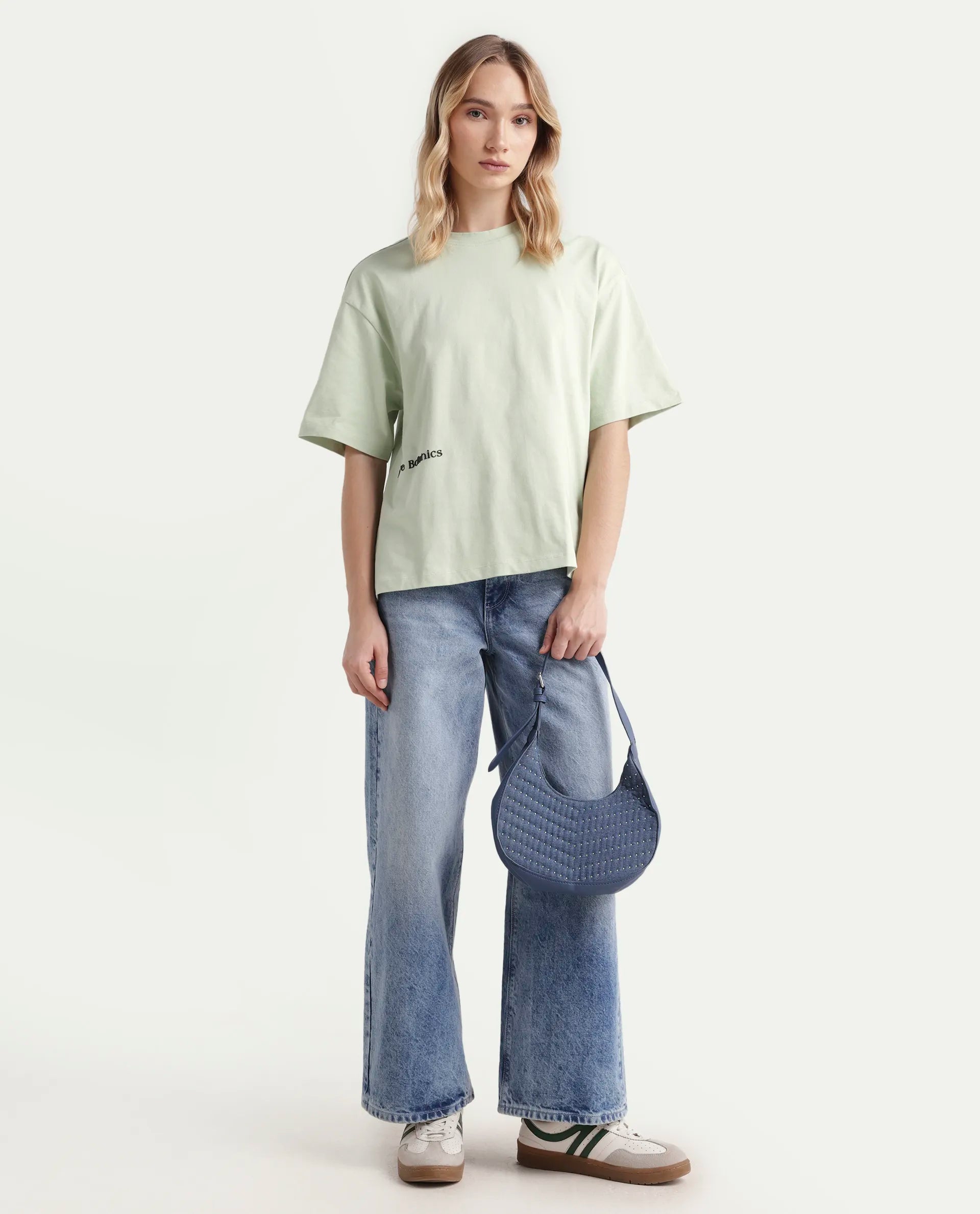 Rareism Women's Olaf Pastel Cotton Crew Neck Graphic Print Relaxed Fit T-Shirt