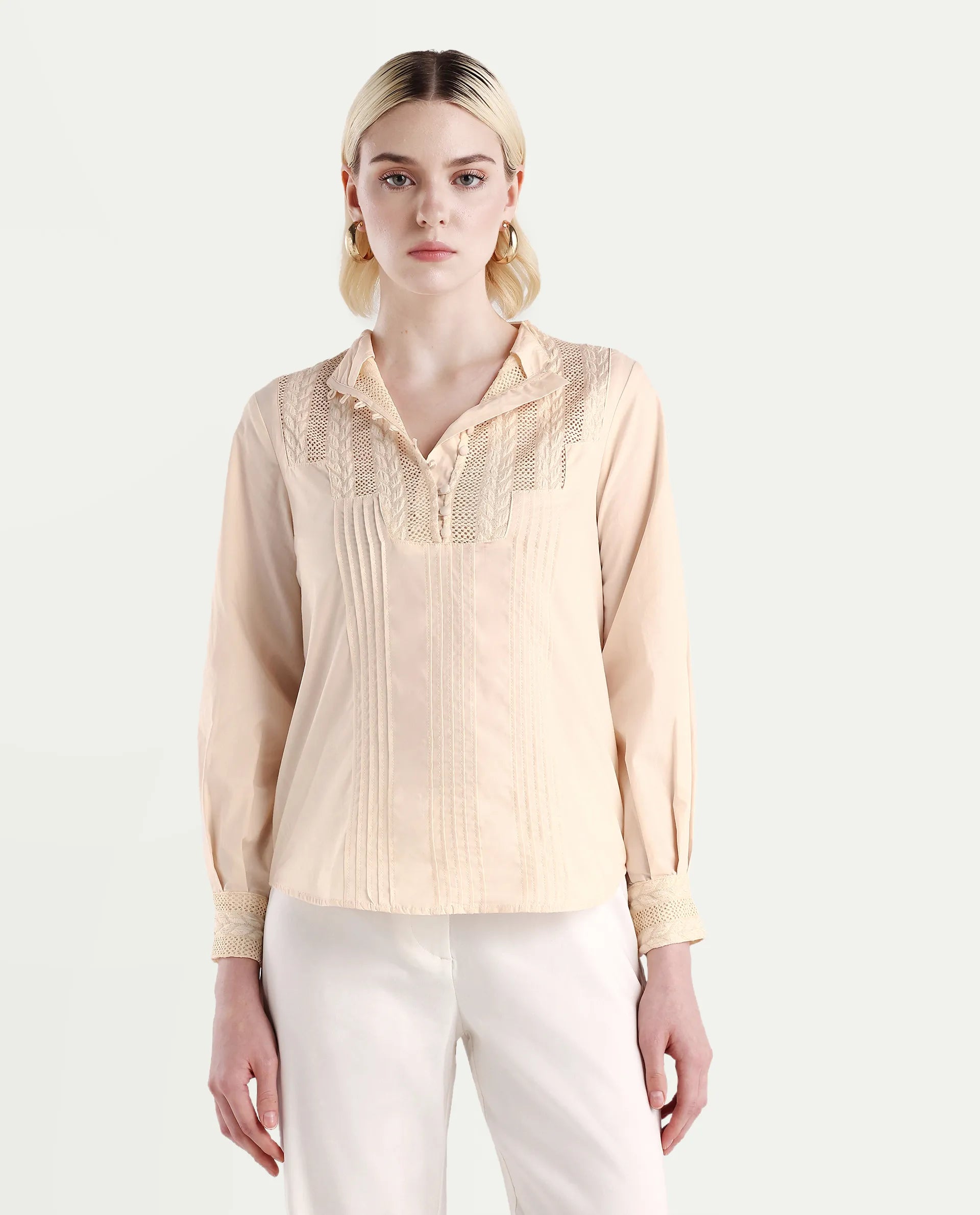 Rareism Women's Olafi Beige Cotton High Neck Plain Bishop Sleeve Regular Fit Top