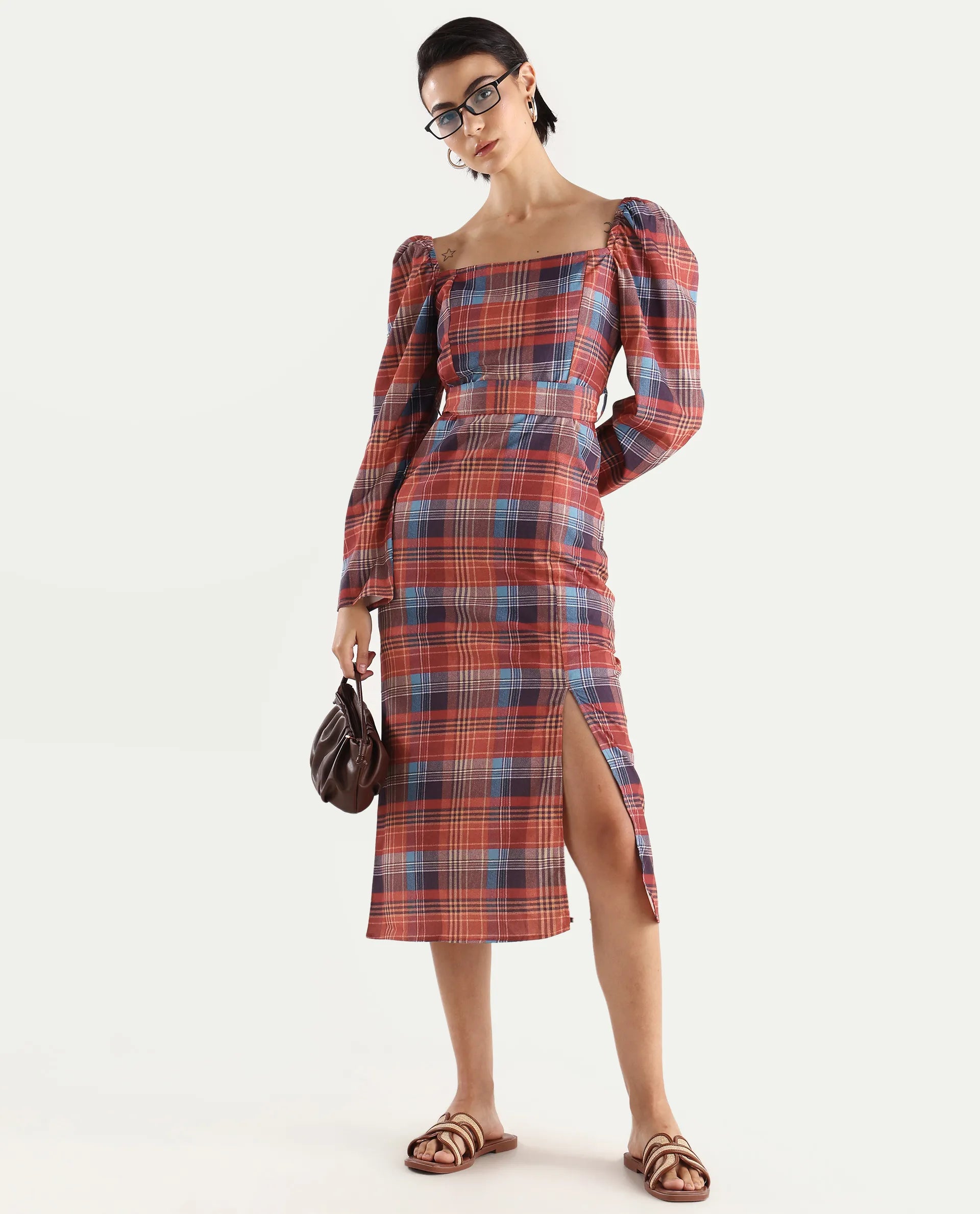 Rareism Women's Olappo Multi Polyester Blend Square Neck Checked Leg O Mutton Sleeve Midi Bodycon Dress