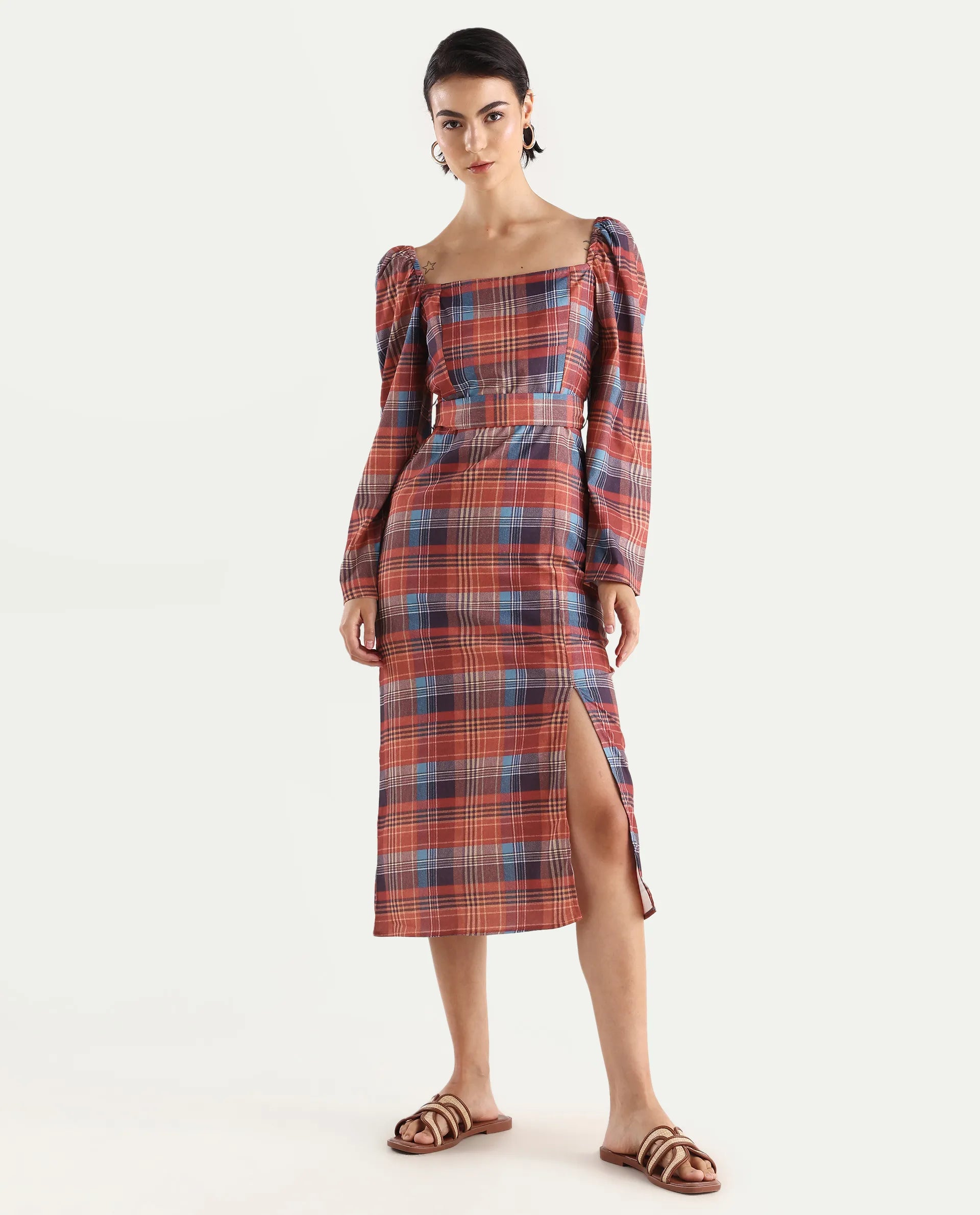 Rareism Women's Olappo Multi Polyester Blend Square Neck Checked Leg O Mutton Sleeve Midi Bodycon Dress