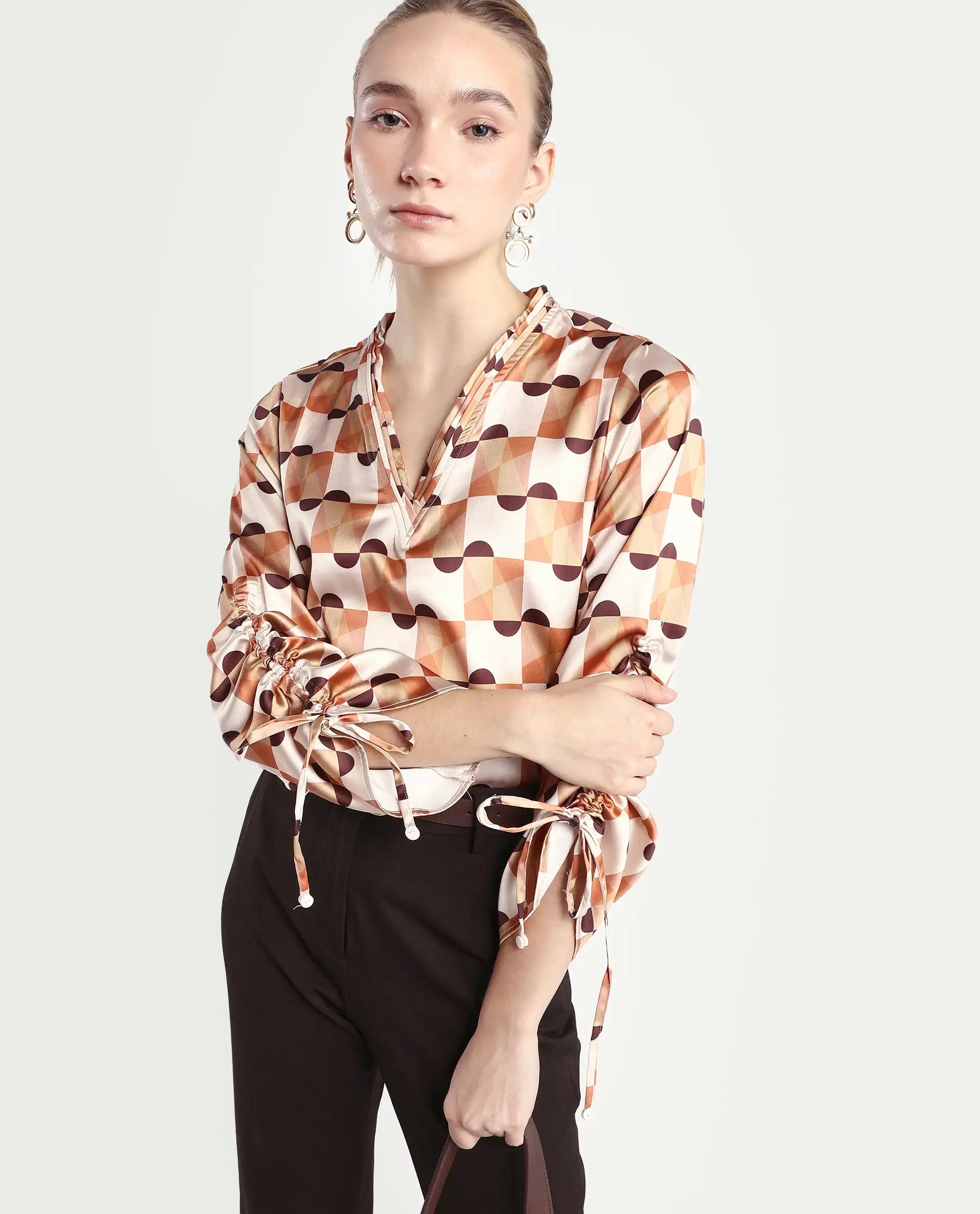 Rareism Women's Olbia Light Multi Polyester V-Neck Geometric Print Gathered Sleeve Regular Fit Top