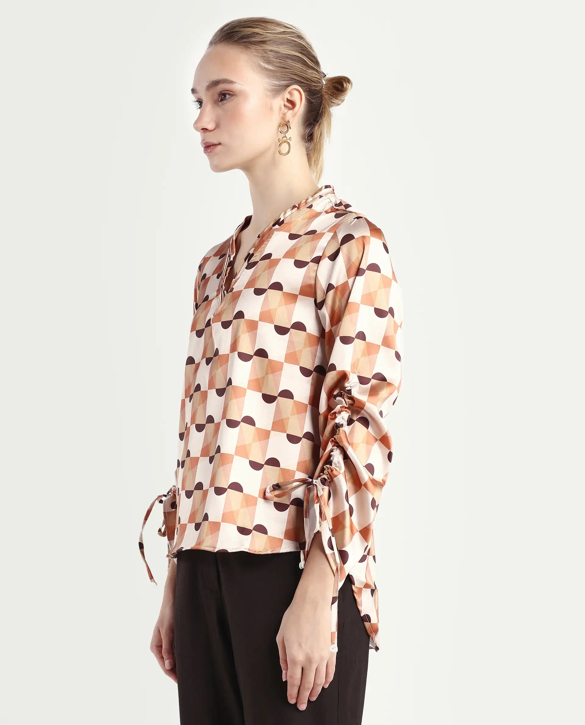 Rareism Women's Olbia Light Multi Polyester V-Neck Geometric Print Gathered Sleeve Regular Fit Top