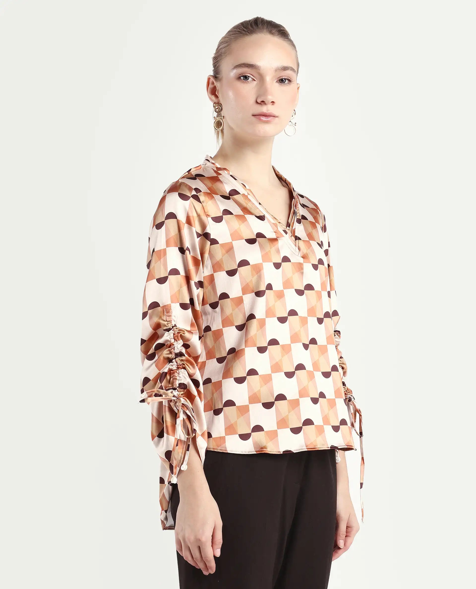 Rareism Women's Olbia Light Multi Polyester V-Neck Geometric Print Gathered Sleeve Regular Fit Top