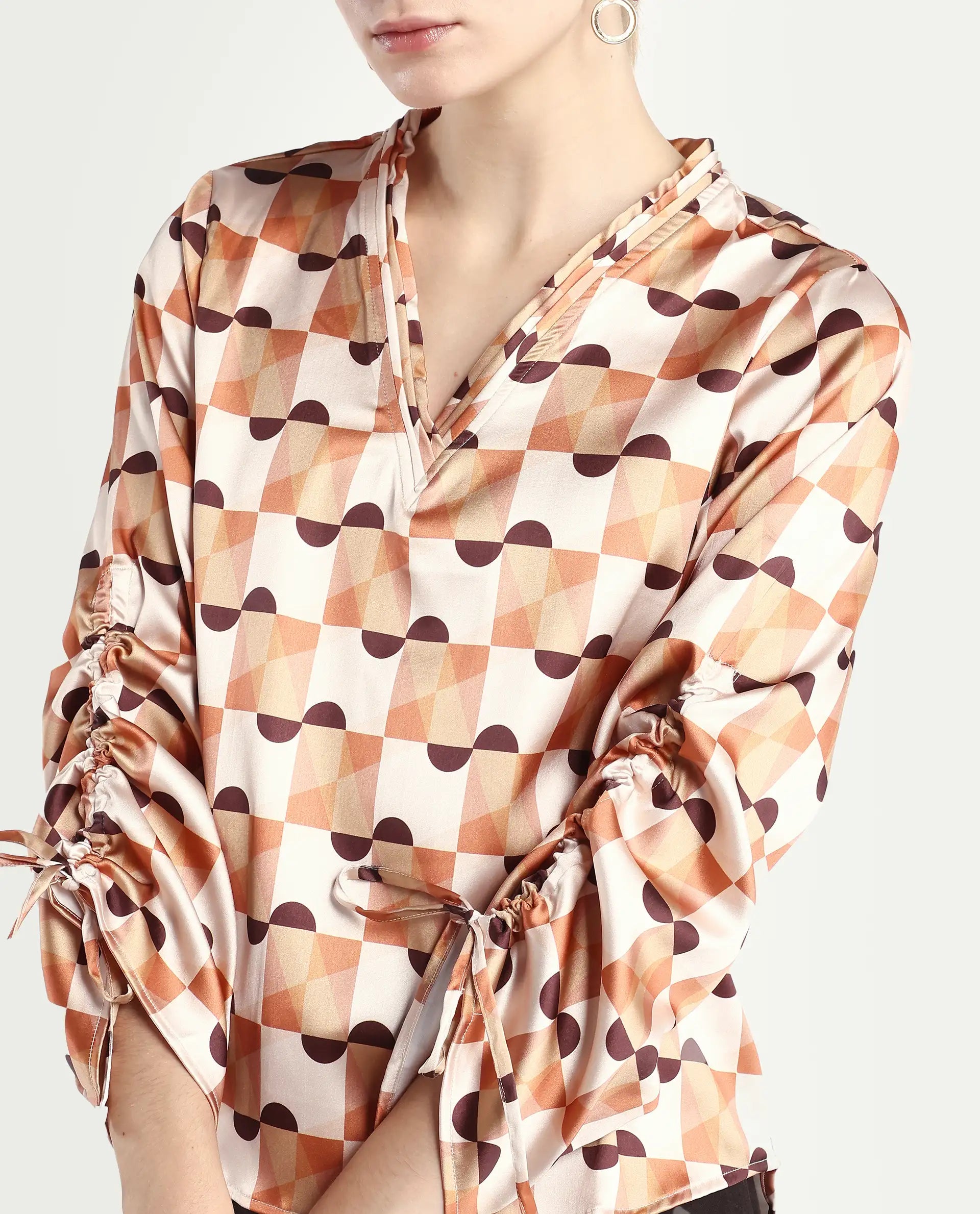Rareism Women's Olbia Light Multi Polyester V-Neck Geometric Print Gathered Sleeve Regular Fit Top