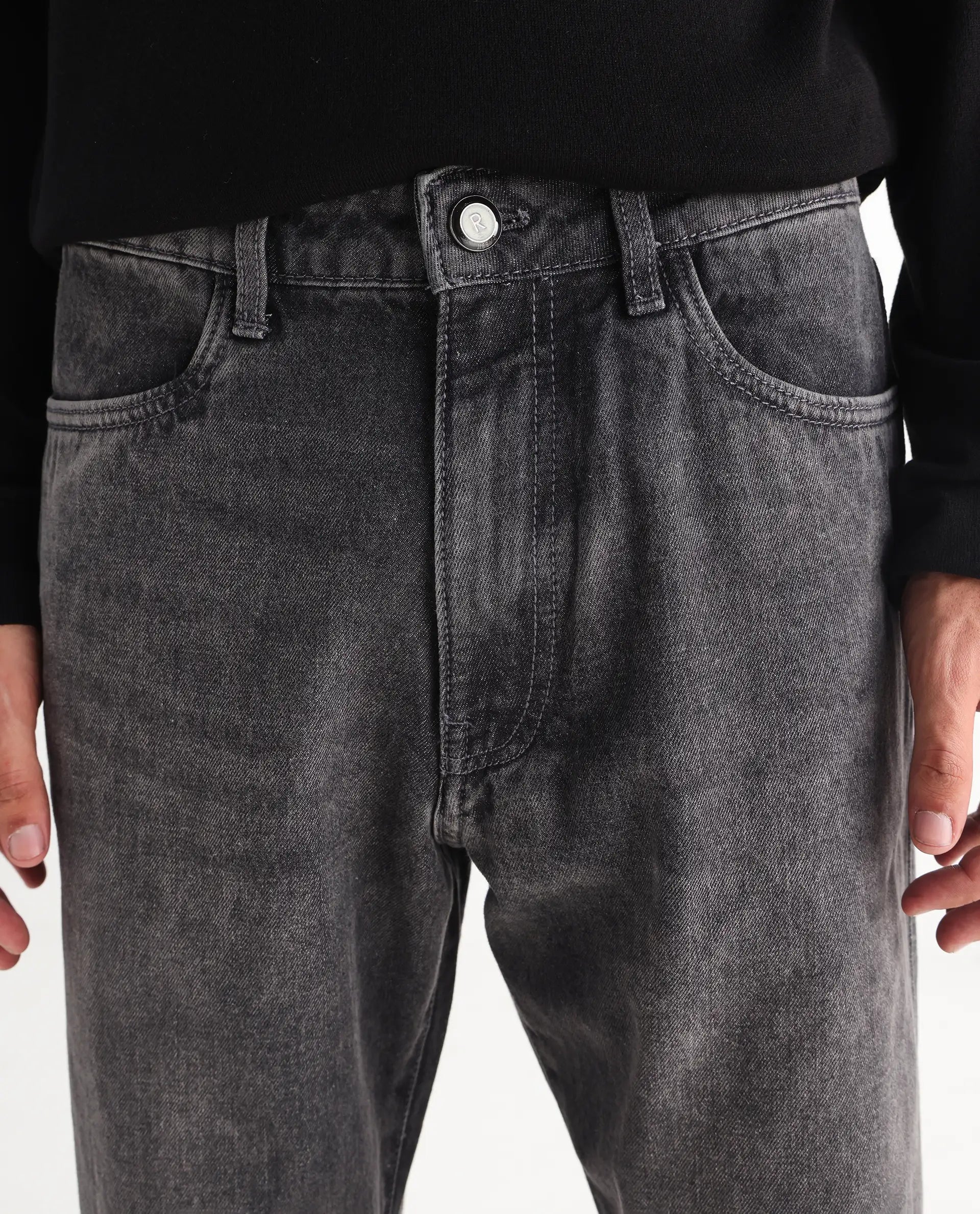 Rare Rabbit Men's Oleg Dark Grey Cotton Plain Morris Regular Fit Jeans