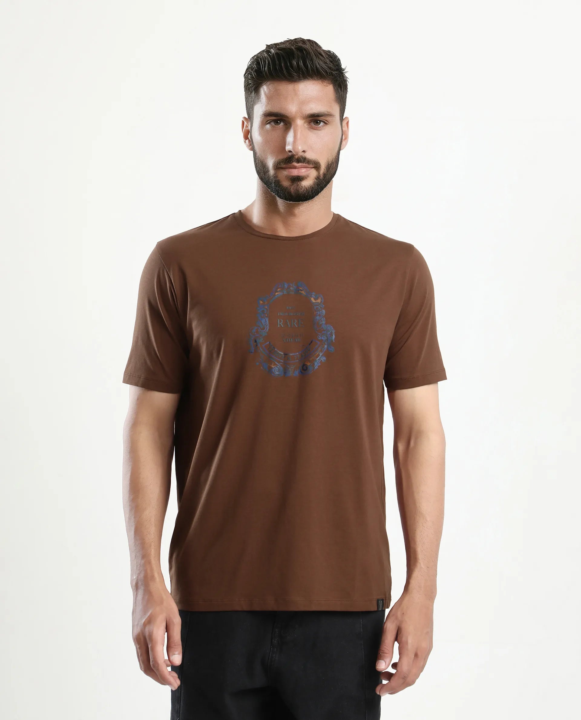 Rare Rabbit Men's Olen Brown Cotton Blend Graphic Print Regular Fit Half Sleeve Crew Neck T-Shirt