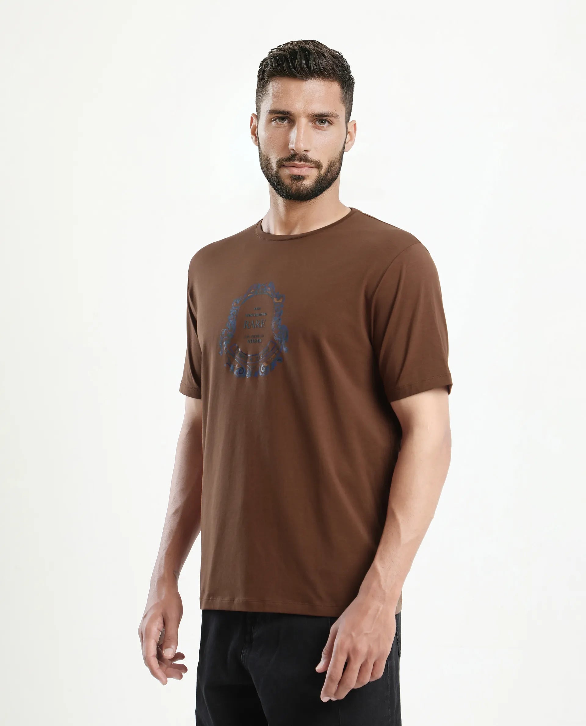 Rare Rabbit Men's Olen Brown Cotton Blend Graphic Print Regular Fit Half Sleeve Crew Neck T-Shirt