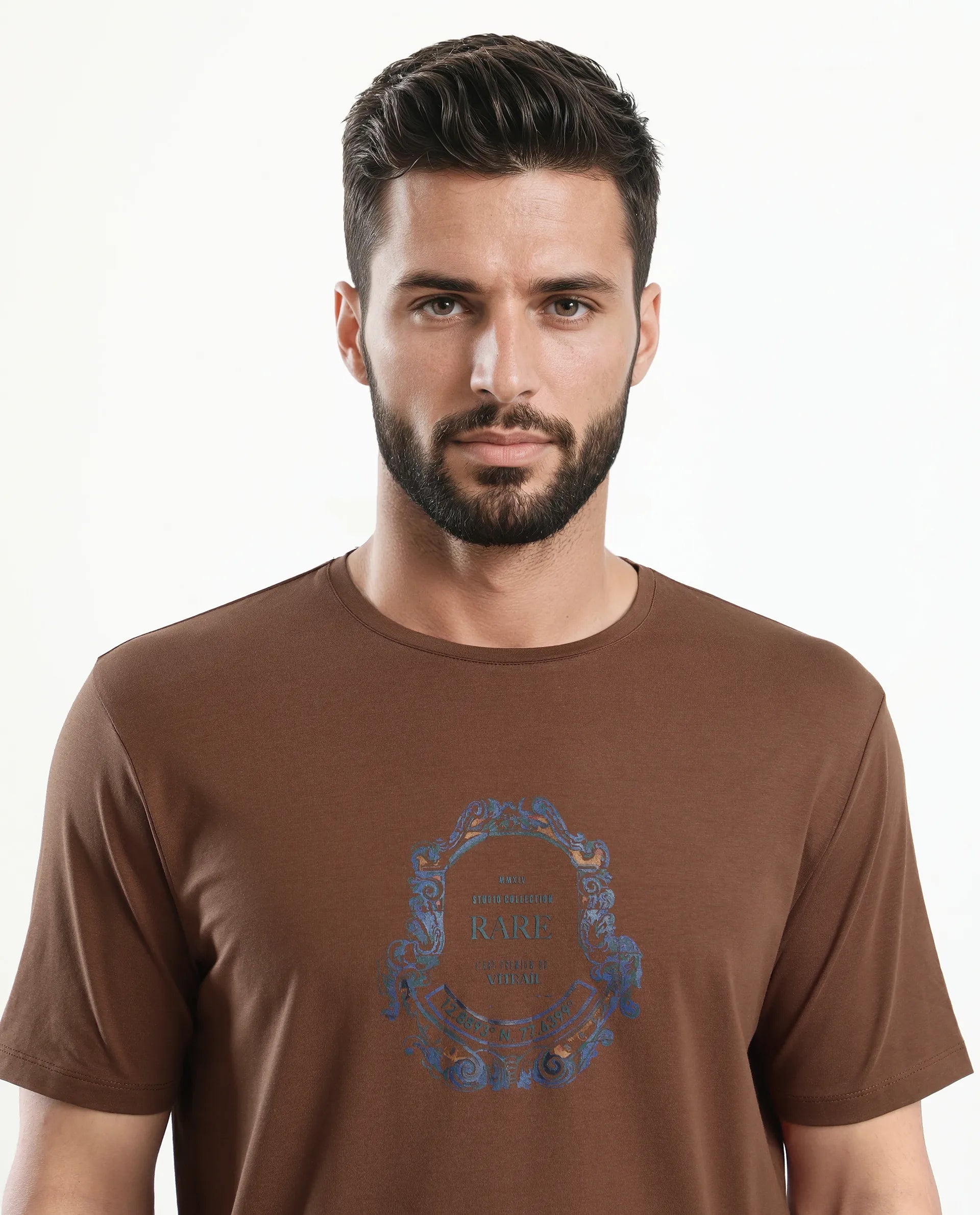Rare Rabbit Men's Olen Brown Cotton Blend Graphic Print Regular Fit Half Sleeve Crew Neck T-Shirt
