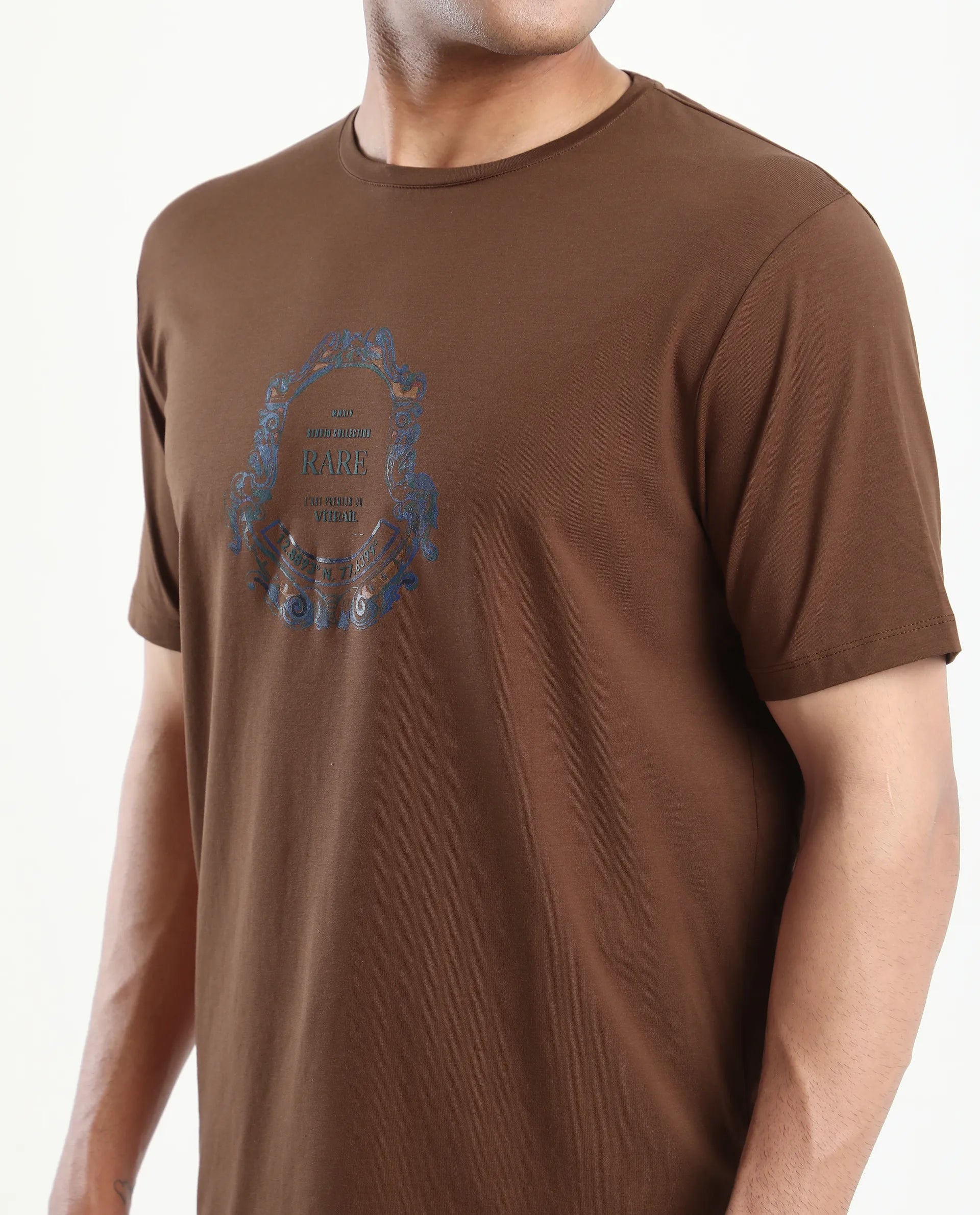 Rare Rabbit Men's Olen Brown Cotton Blend Graphic Print Regular Fit Half Sleeve Crew Neck T-Shirt