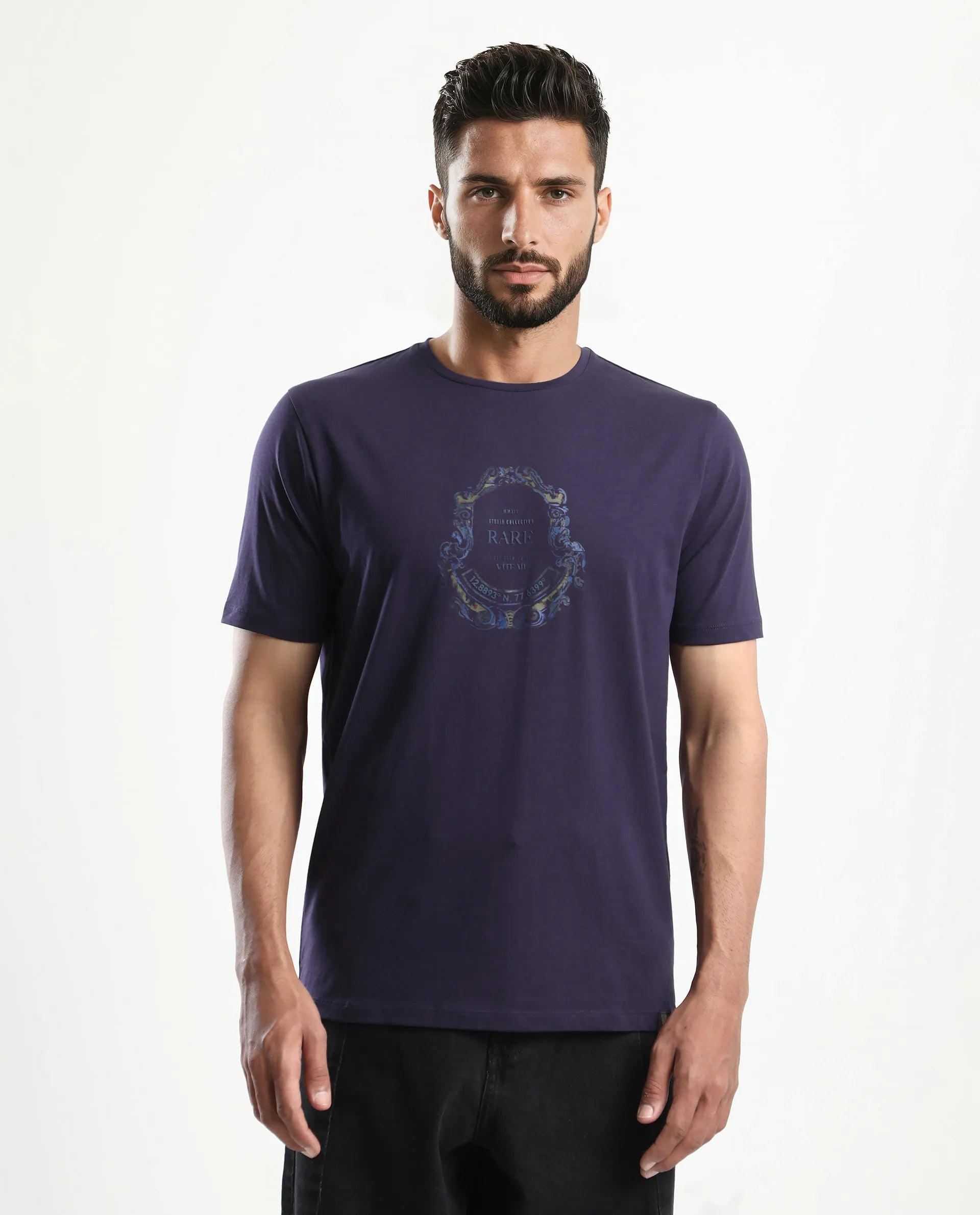 Rare Rabbit Men's Olen Dark Purple Cotton Blend Graphic Print Regular Fit Half Sleeve Crew Neck T-Shirt