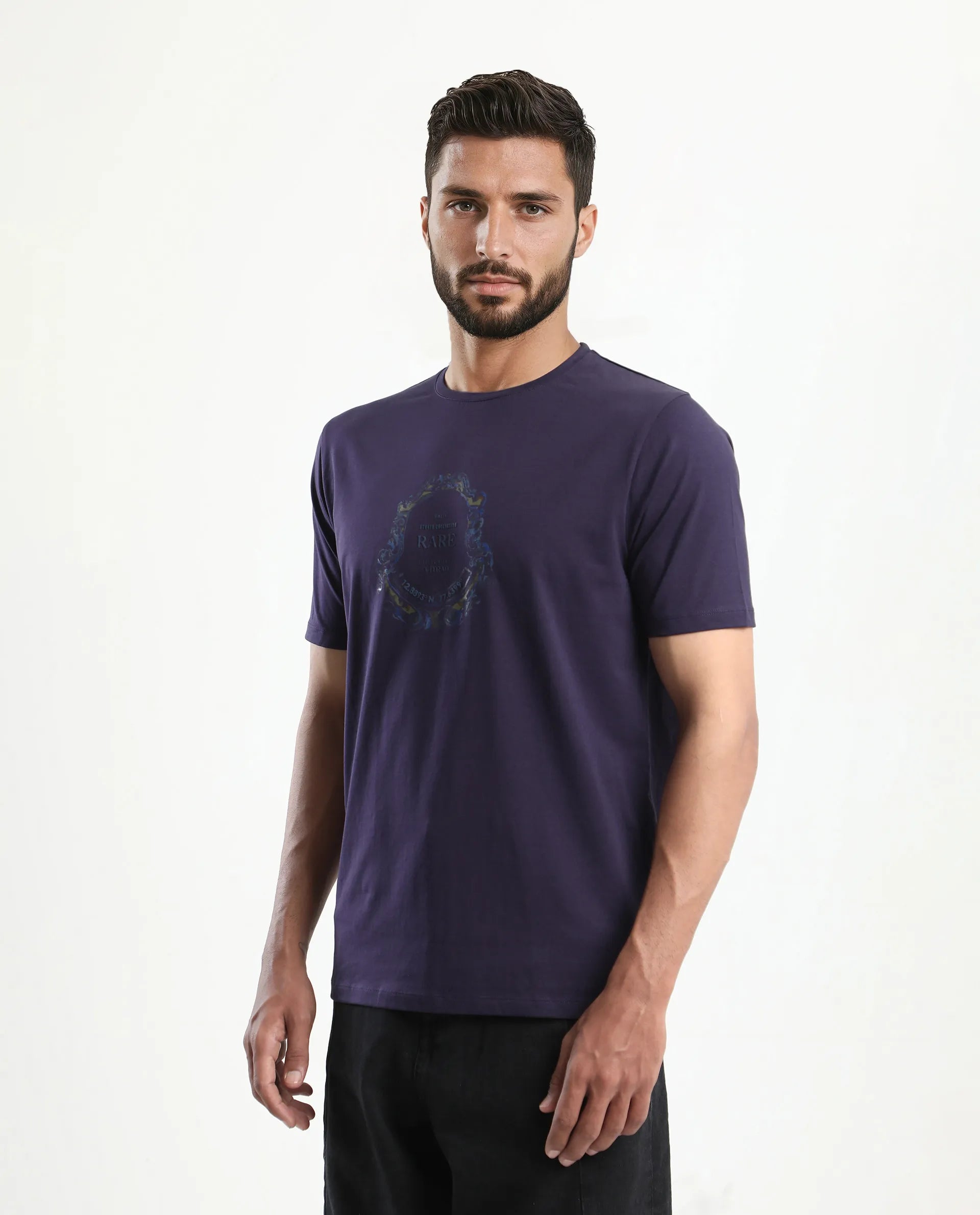 Rare Rabbit Men's Olen Dark Purple Cotton Blend Graphic Print Regular Fit Half Sleeve Crew Neck T-Shirt
