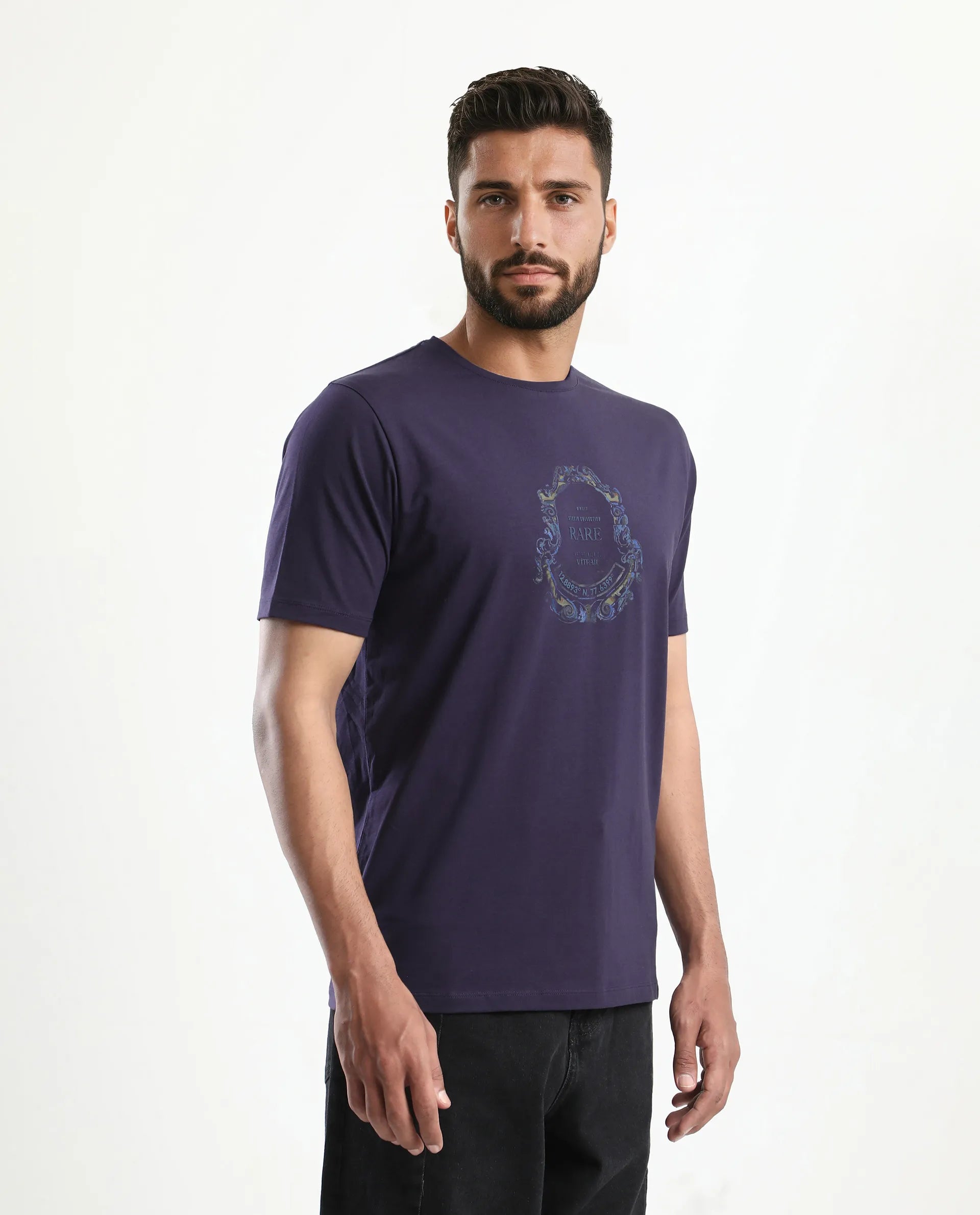 Rare Rabbit Men's Olen Dark Purple Cotton Blend Graphic Print Regular Fit Half Sleeve Crew Neck T-Shirt