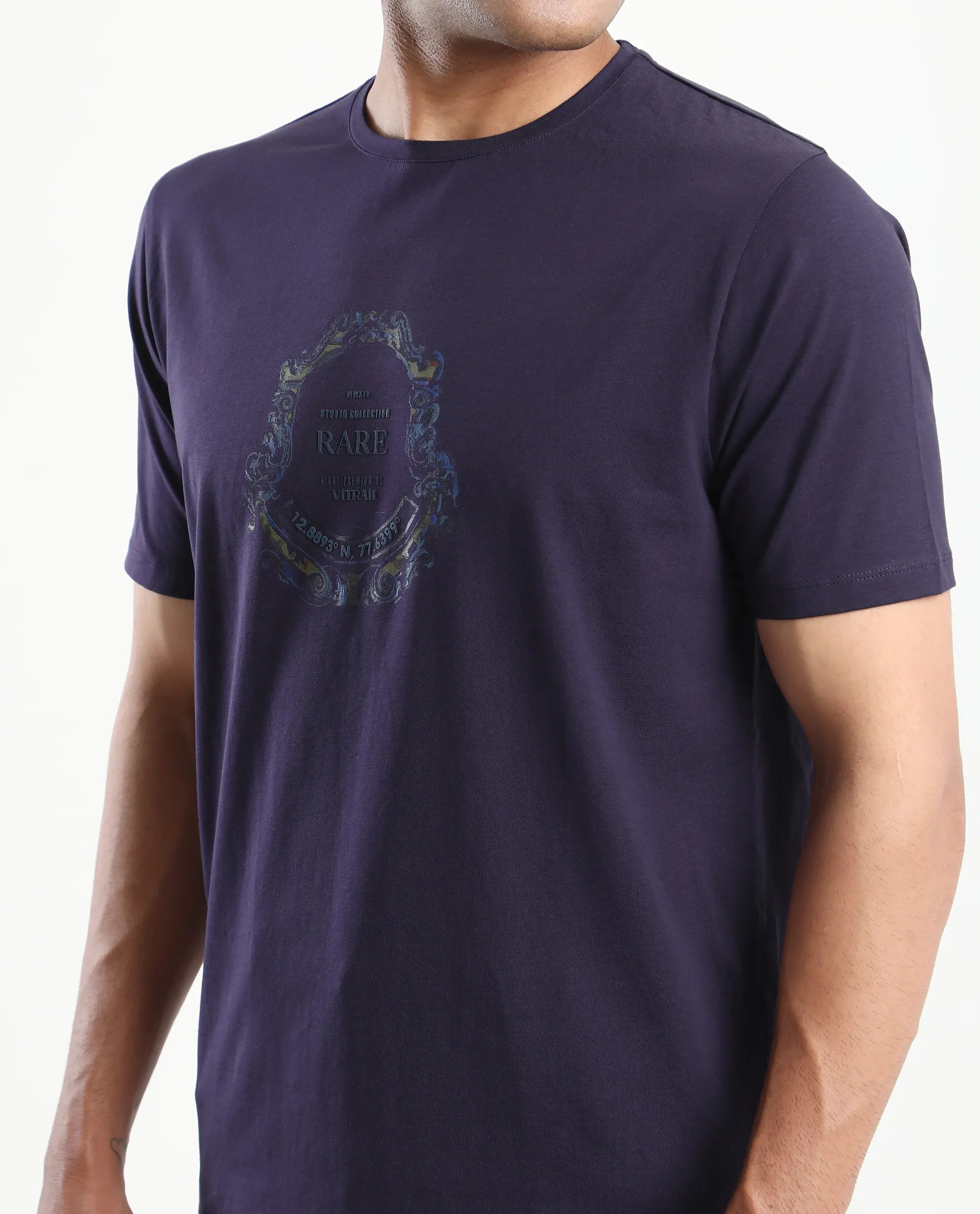 Rare Rabbit Men's Olen Dark Purple Cotton Blend Graphic Print Regular Fit Half Sleeve Crew Neck T-Shirt