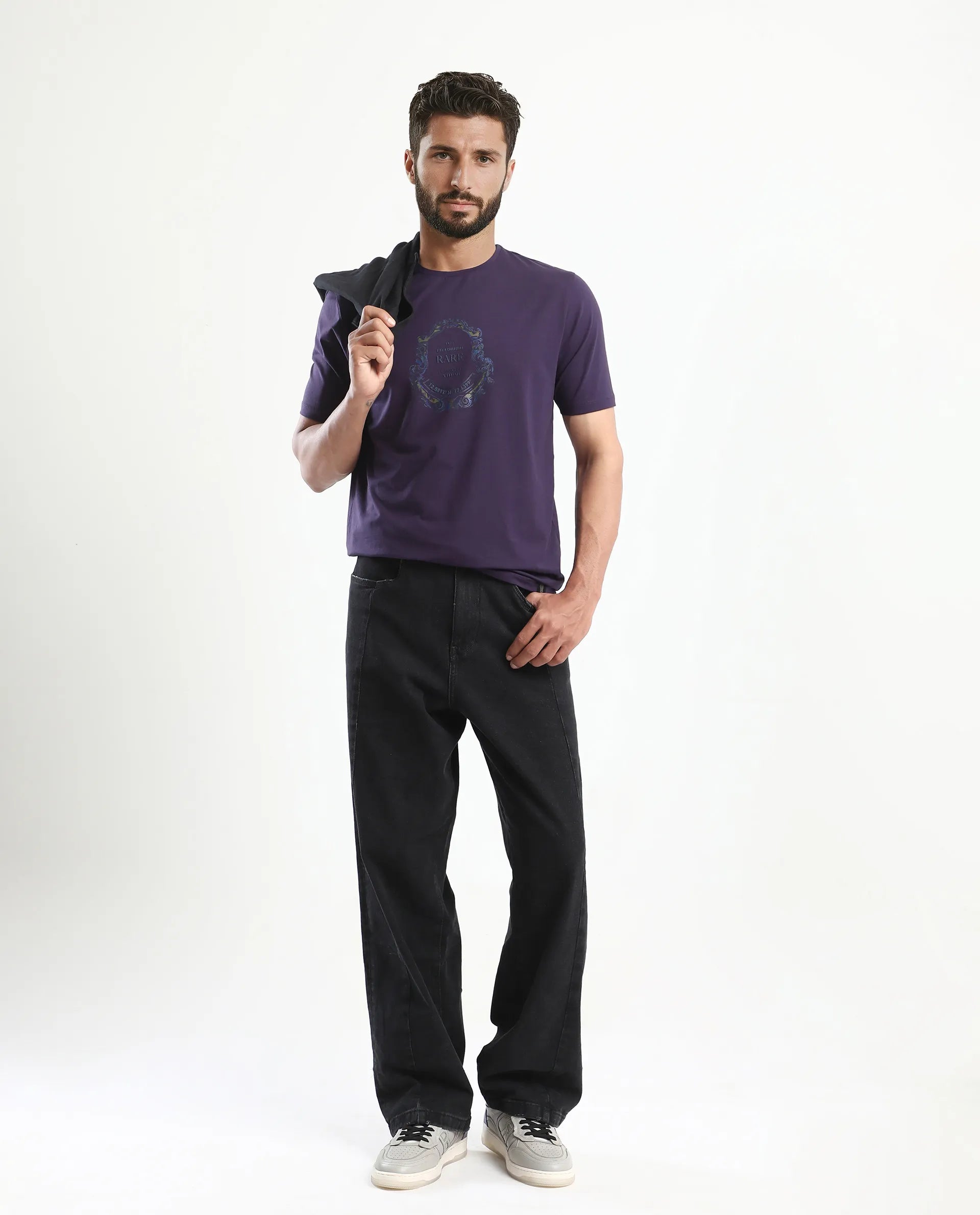 Rare Rabbit Men's Olen Dark Purple Cotton Blend Graphic Print Regular Fit Half Sleeve Crew Neck T-Shirt