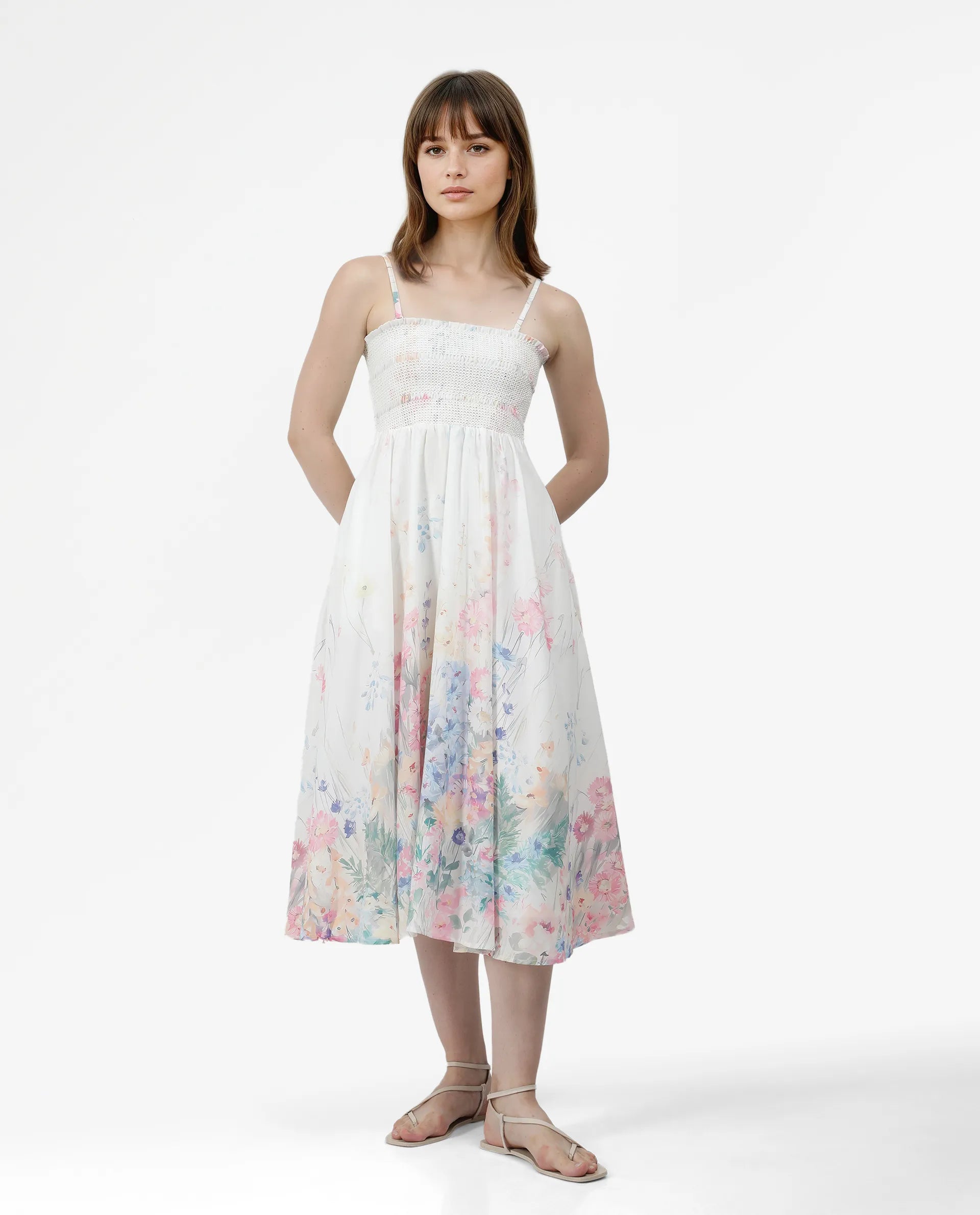 Rareism Women's Epsem Multi Polyester Blend Tube Neck Floral Print Sleeveless Midi Fit And Flare Dress