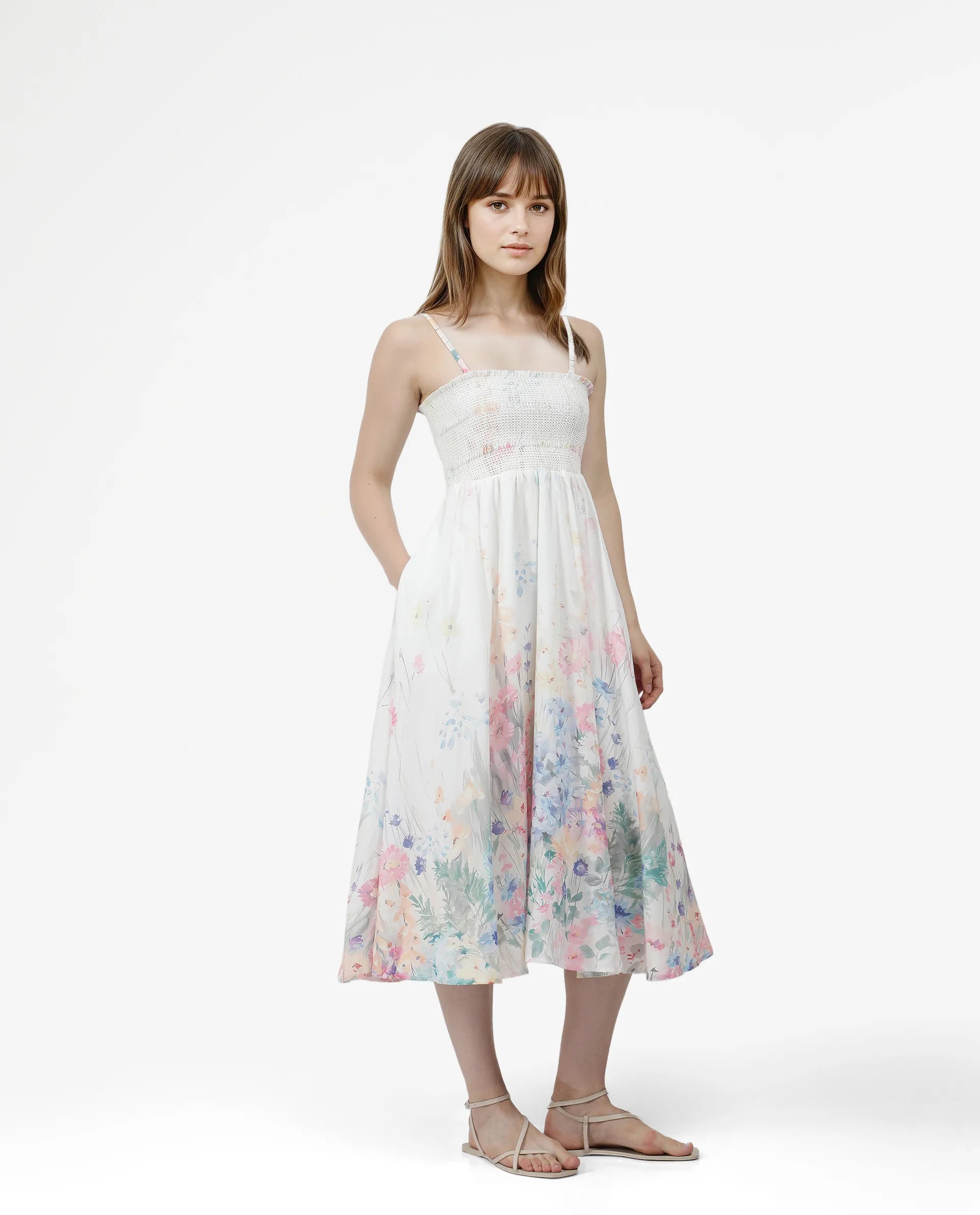 Rareism Women's Epsem Multi Polyester Blend Tube Neck Floral Print Sleeveless Midi Fit And Flare Dress