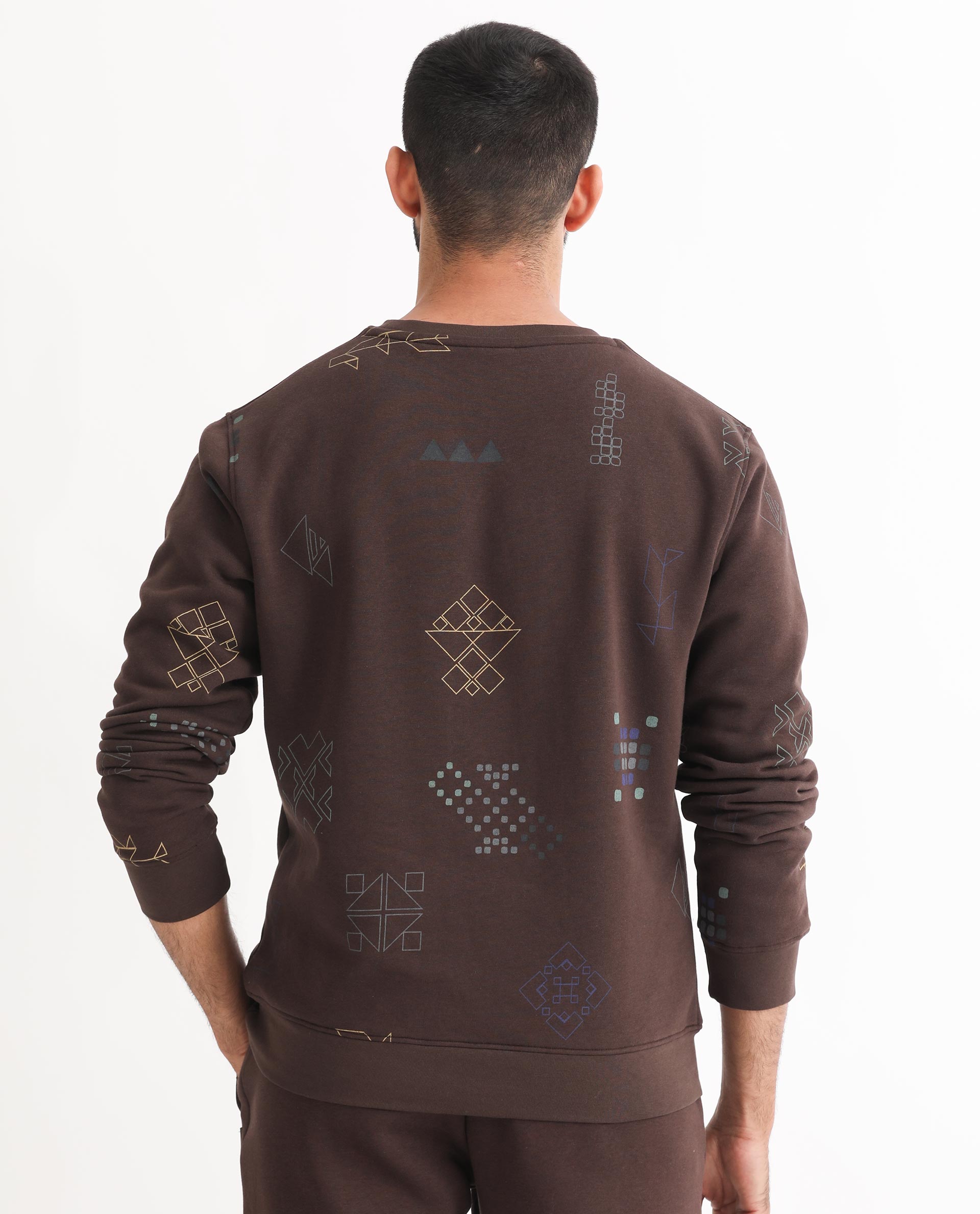 Rare Rabbit Men's Oli Brown Cotton Polyester Fabric Full Sleeves Graphic Print Sweatshirt