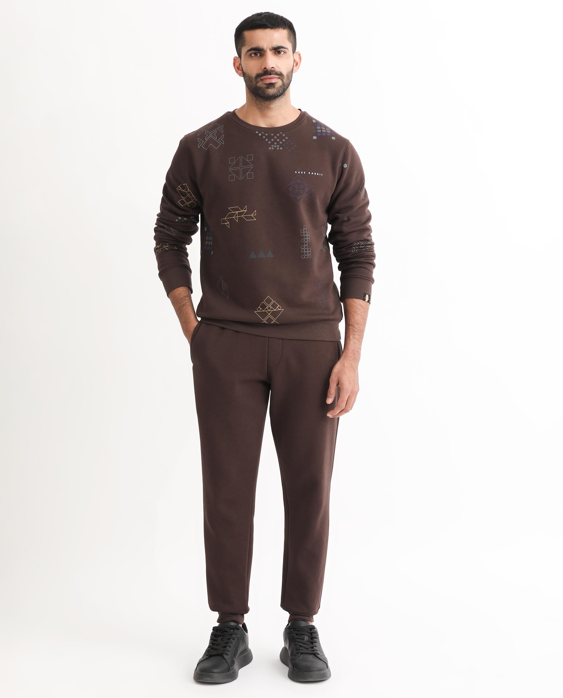 Rare Rabbit Men's Oli Brown Cotton Polyester Fabric Full Sleeves Graphic Print Sweatshirt