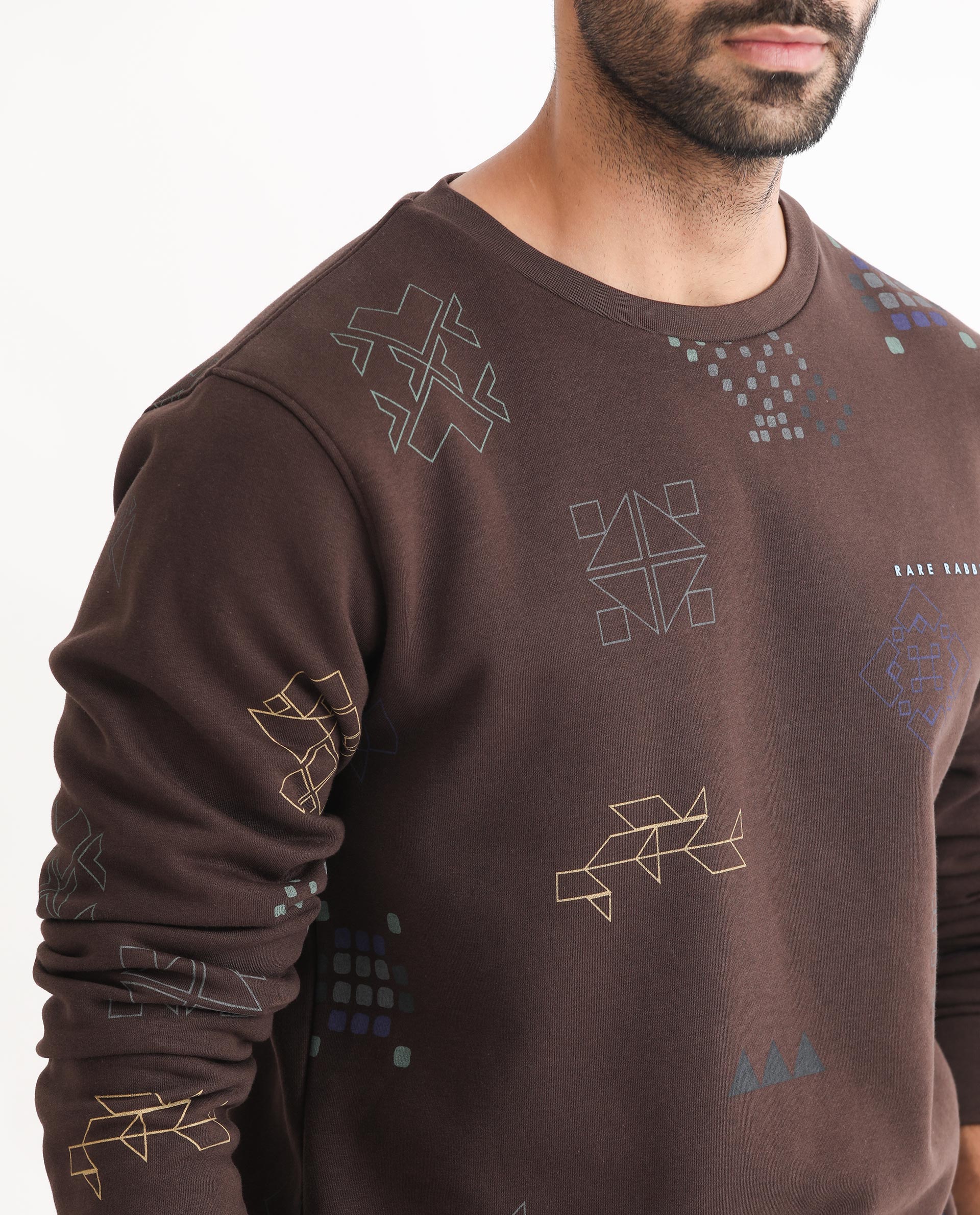 Rare Rabbit Men's Oli Brown Cotton Polyester Fabric Full Sleeves Graphic Print Sweatshirt