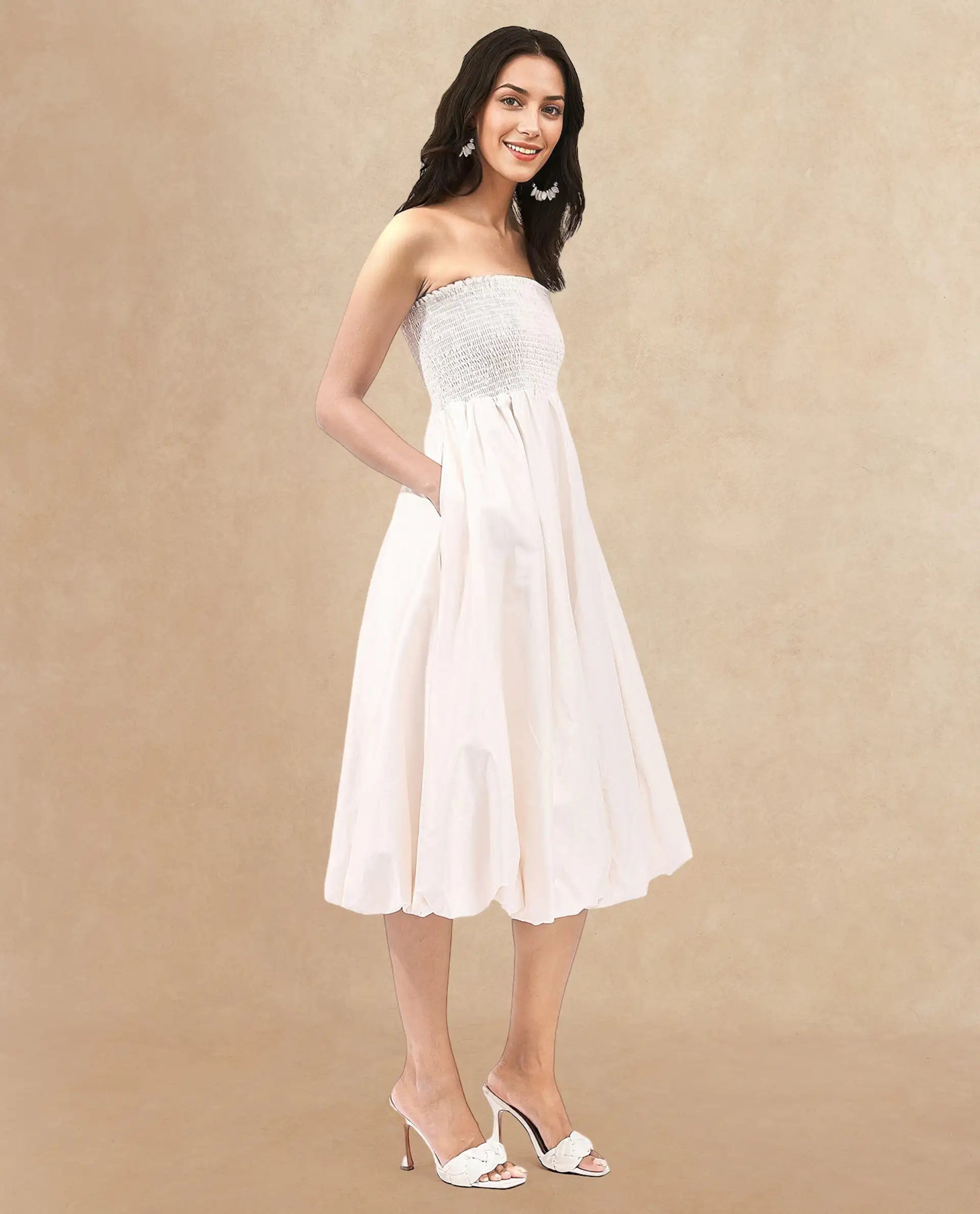 Rareism Women's Oligue Beige Cotton Shoulder Strap Plain Shoulder Strap Midi Fit And Flare Dress