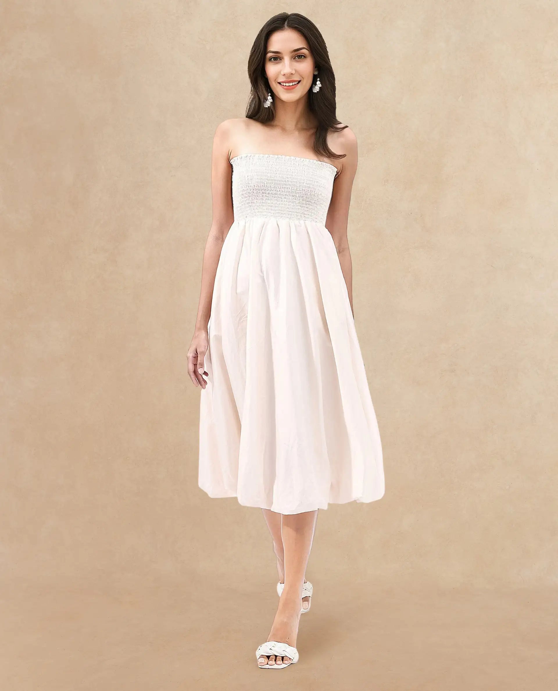 Rareism Women's Oligue Beige Cotton Shoulder Strap Plain Shoulder Strap Midi Fit And Flare Dress