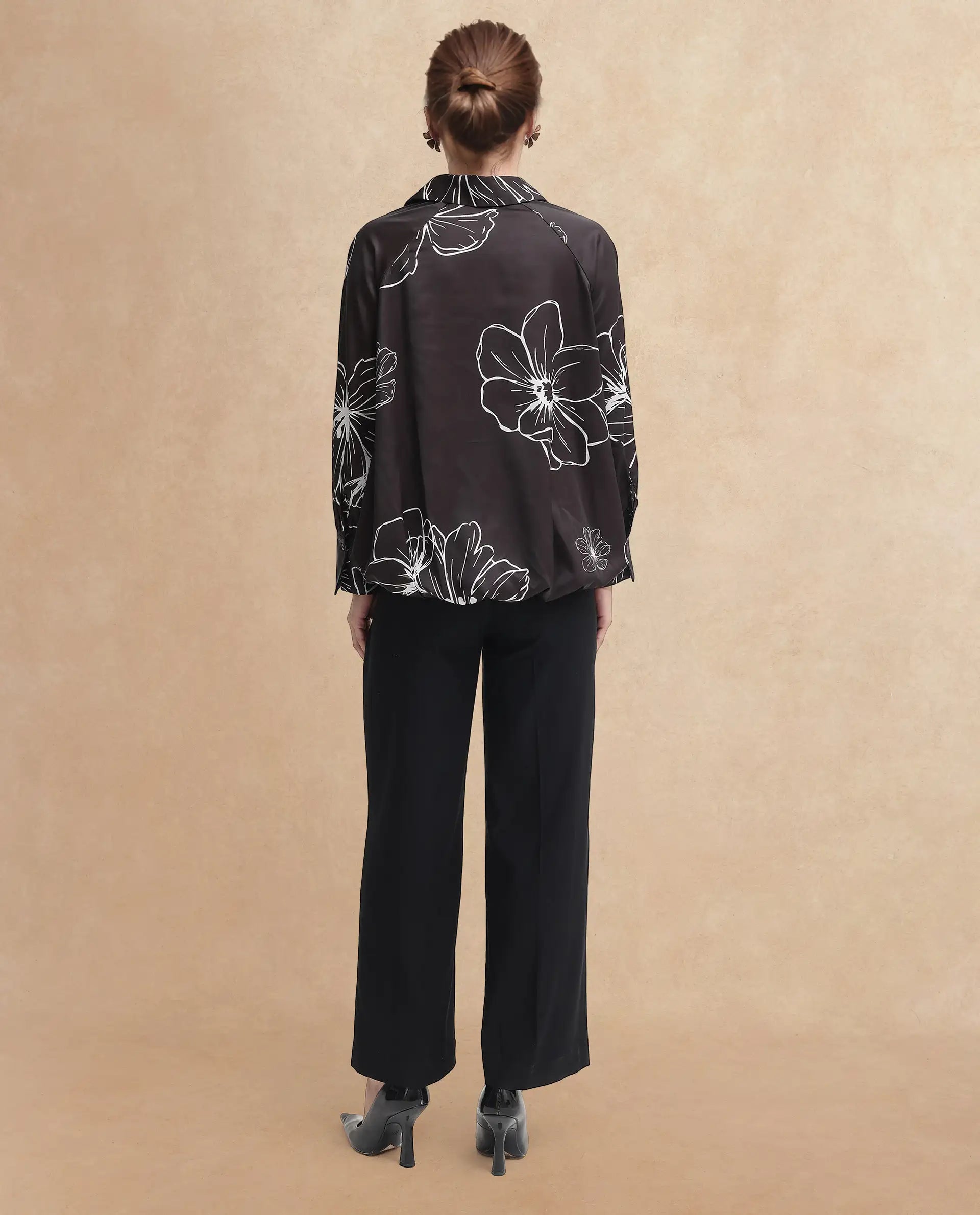 Rareism Women's Olin Sc Dark Brown Satin Drop Collar Floral Print Raglan Sleeve Regular Fit Top