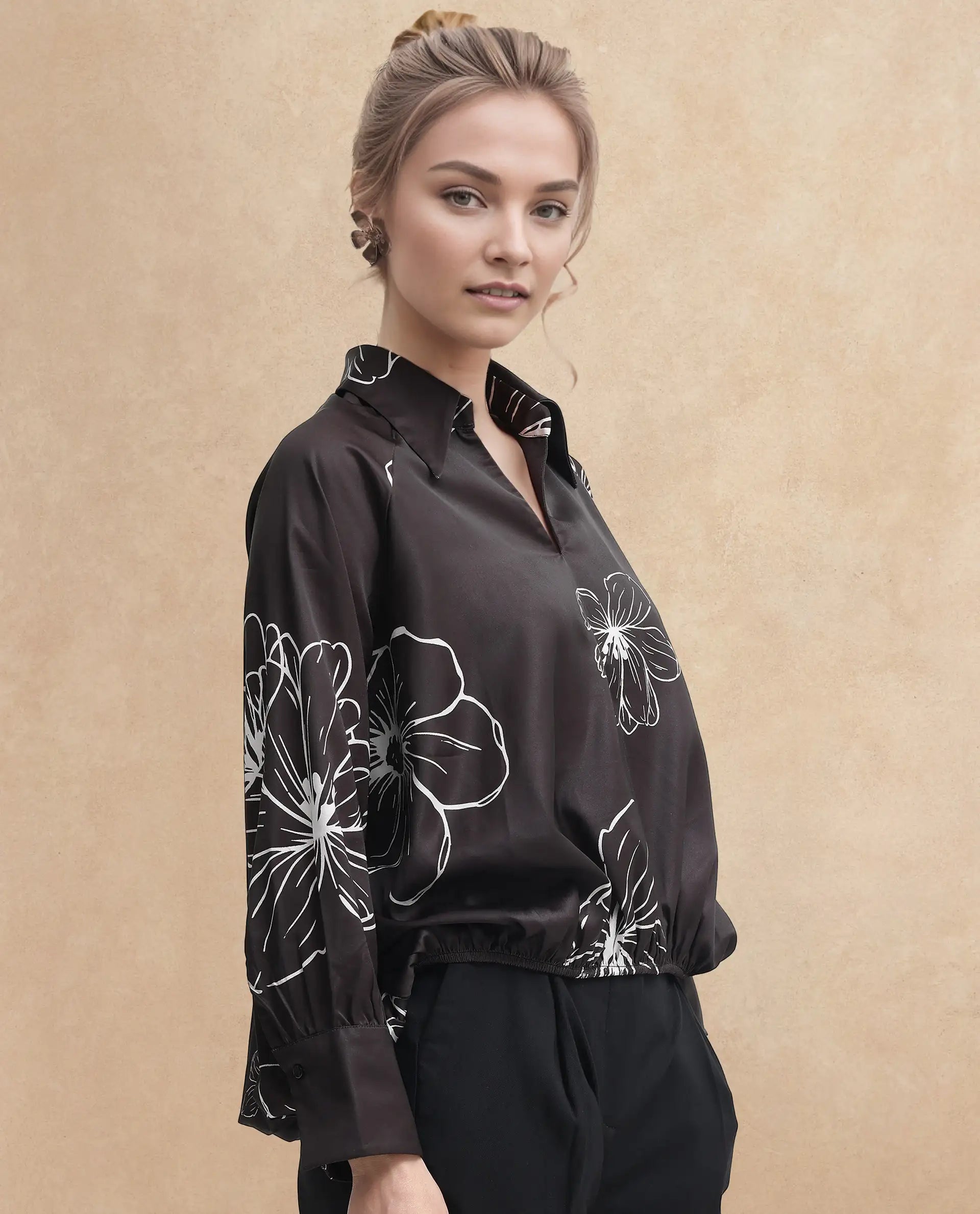 Rareism Women's Olin Dark Brown Polyester Drop Collar Floral Print Raglan Sleeve Regular Fit Top