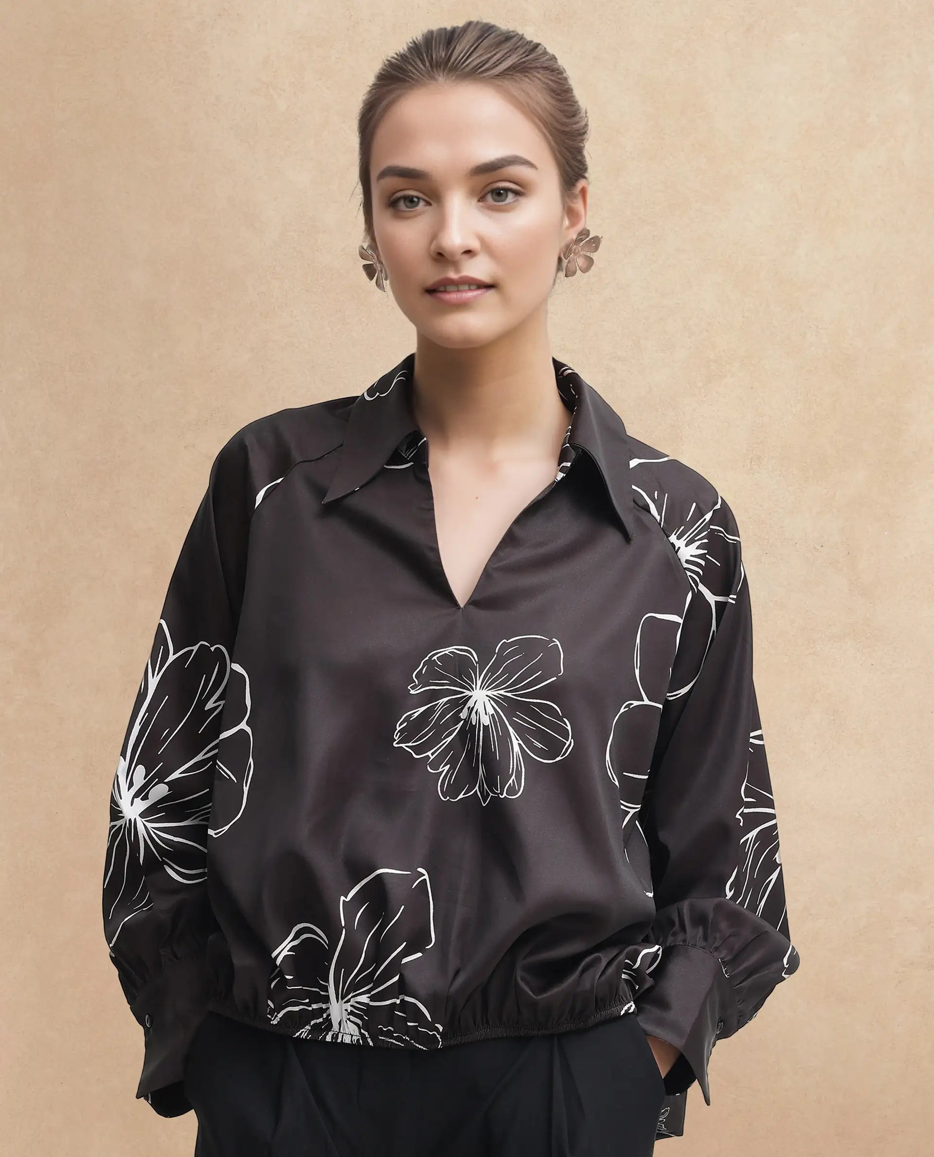 Rareism Women's Olin Sc Dark Brown Satin Drop Collar Floral Print Raglan Sleeve Regular Fit Top