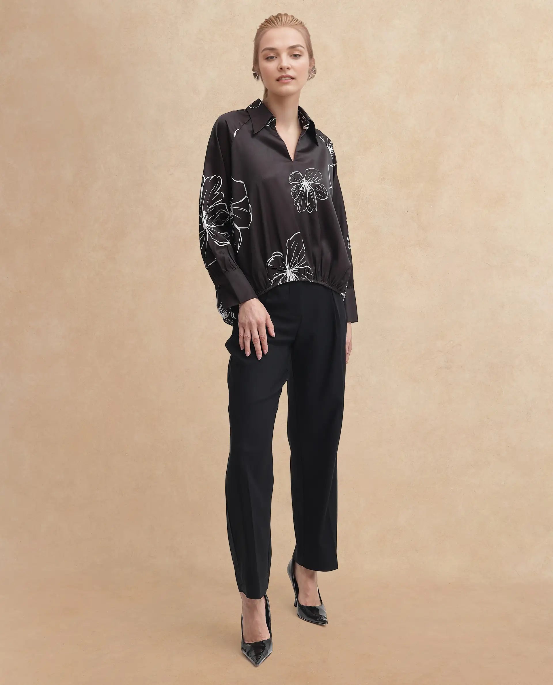 Rareism Women's Olin Dark Brown Polyester Drop Collar Floral Print Raglan Sleeve Regular Fit Top