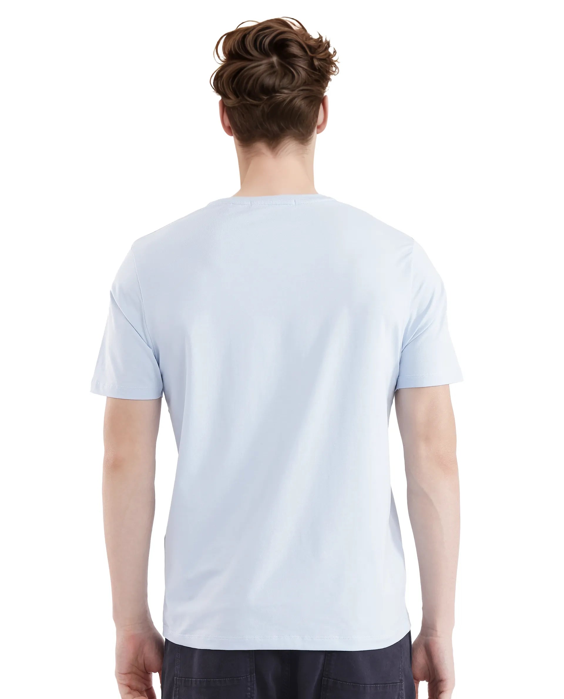 Rare Rabbit Men's Olios-1 Light Blue Cotton Lycra Fabric Short Sleeve Crew Neck Graphic Print T-Shirt