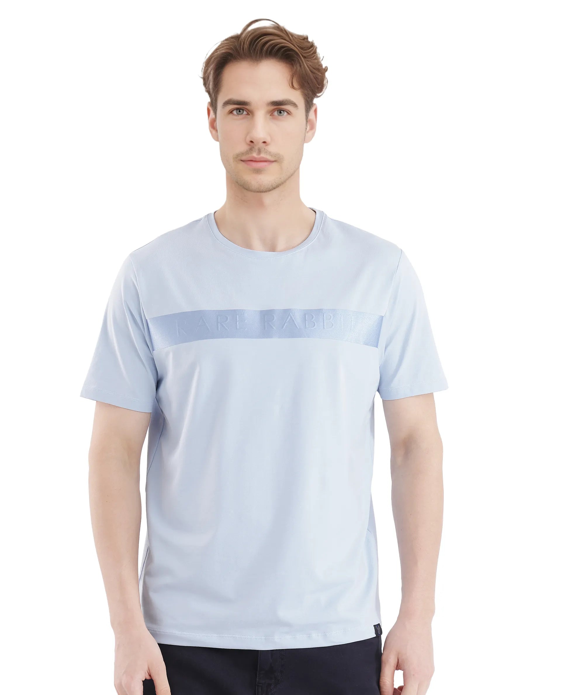 Rare Rabbit Men's Olios-1 Light Blue Cotton Lycra Fabric Short Sleeve Crew Neck Graphic Print T-Shirt