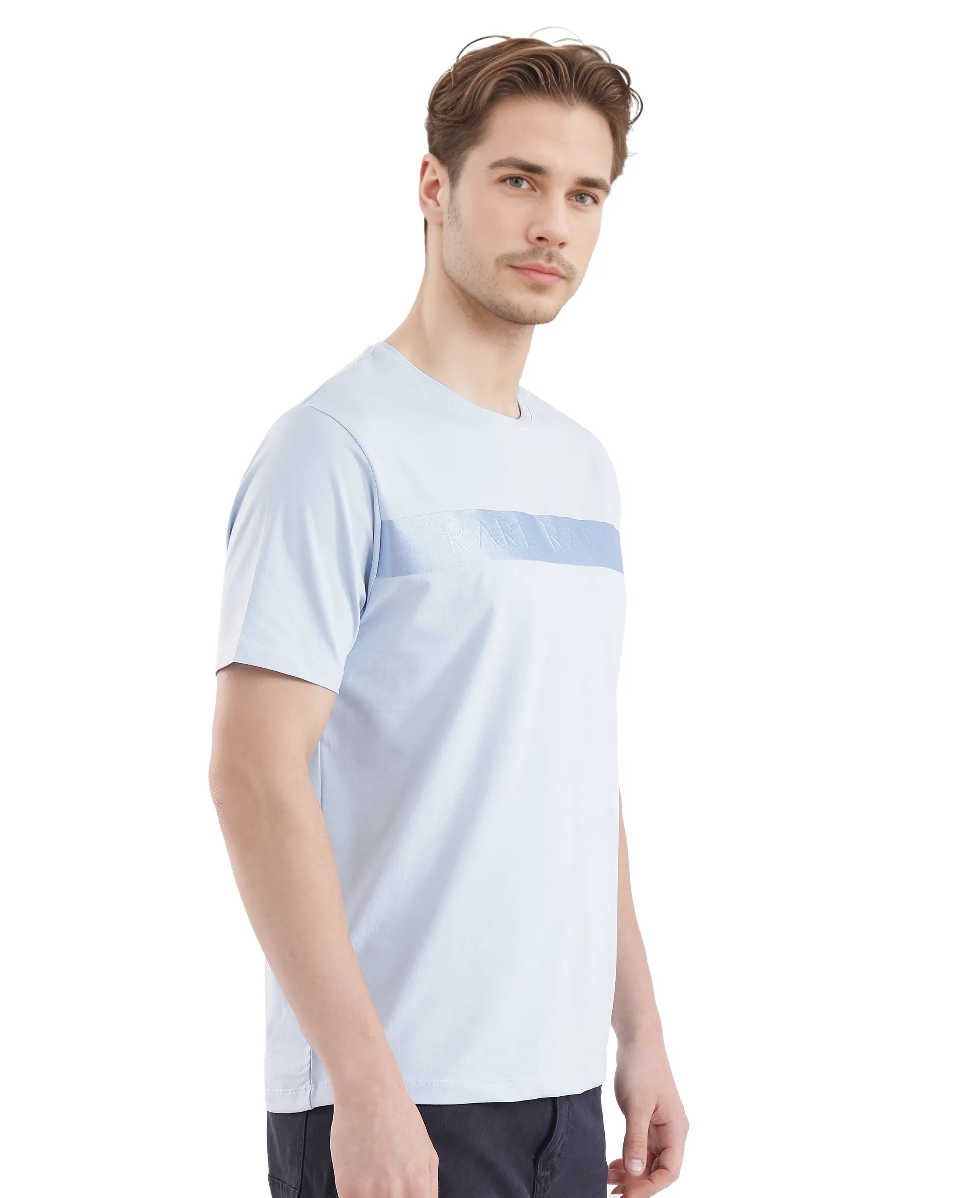 Rare Rabbit Men's Olios-1 Light Blue Cotton Lycra Fabric Short Sleeve Crew Neck Graphic Print T-Shirt