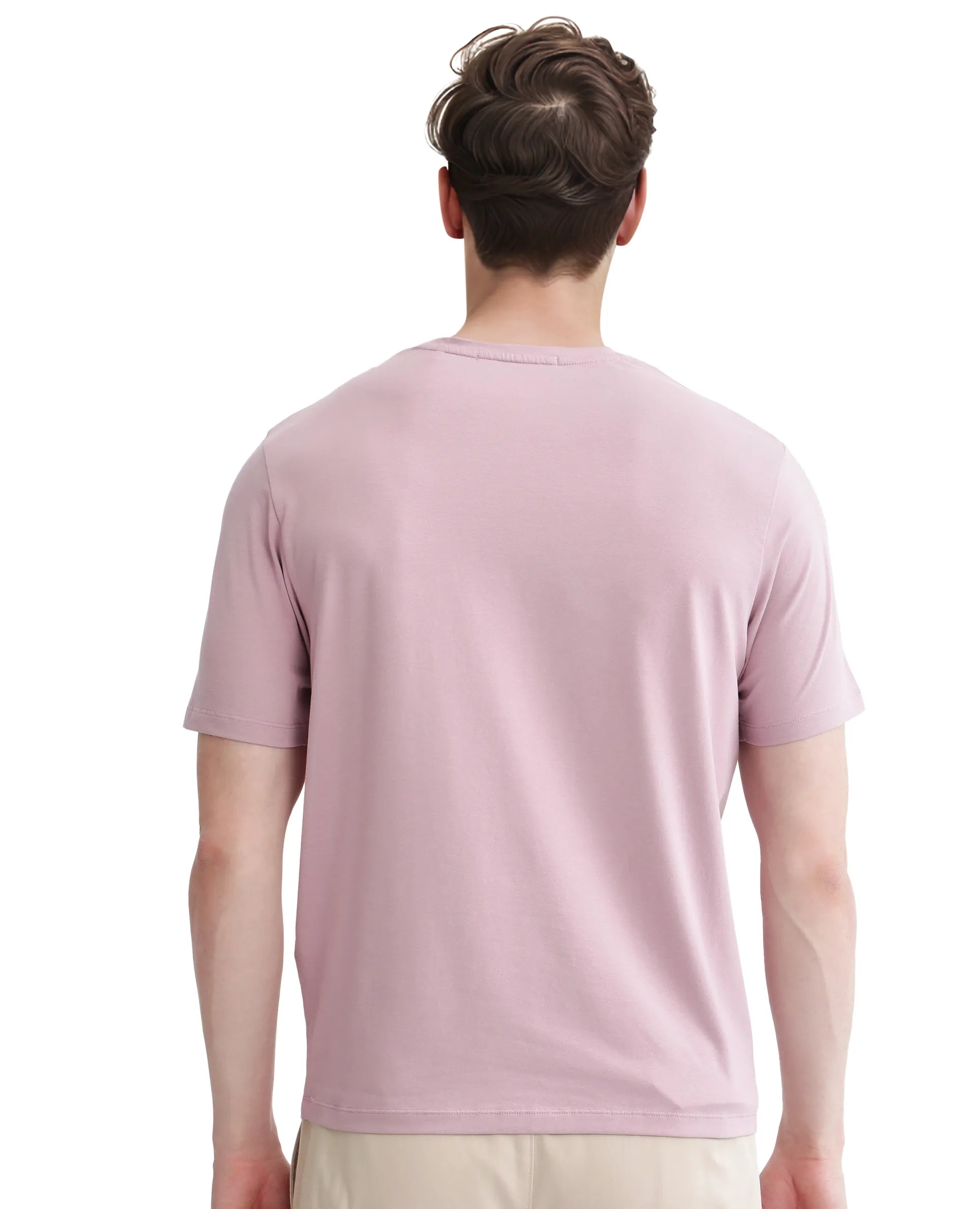 Rare Rabbit Men's Olios-1 Light Pink Cotton Lycra Fabric Short Sleeve Crew Neck Graphic Print T-Shirt