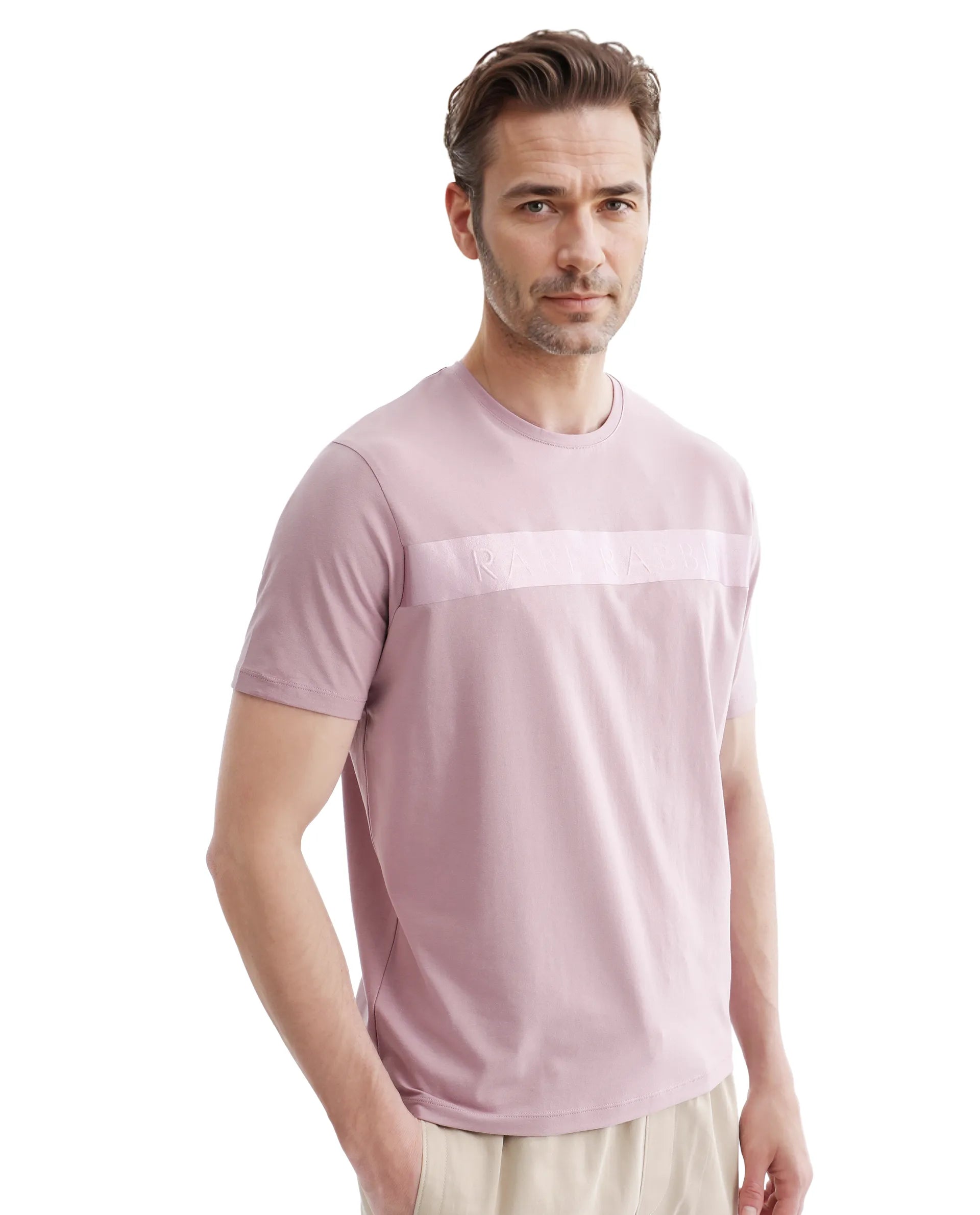 Rare Rabbit Men's Olios-1 Light Pink Cotton Lycra Fabric Short Sleeve Crew Neck Graphic Print T-Shirt