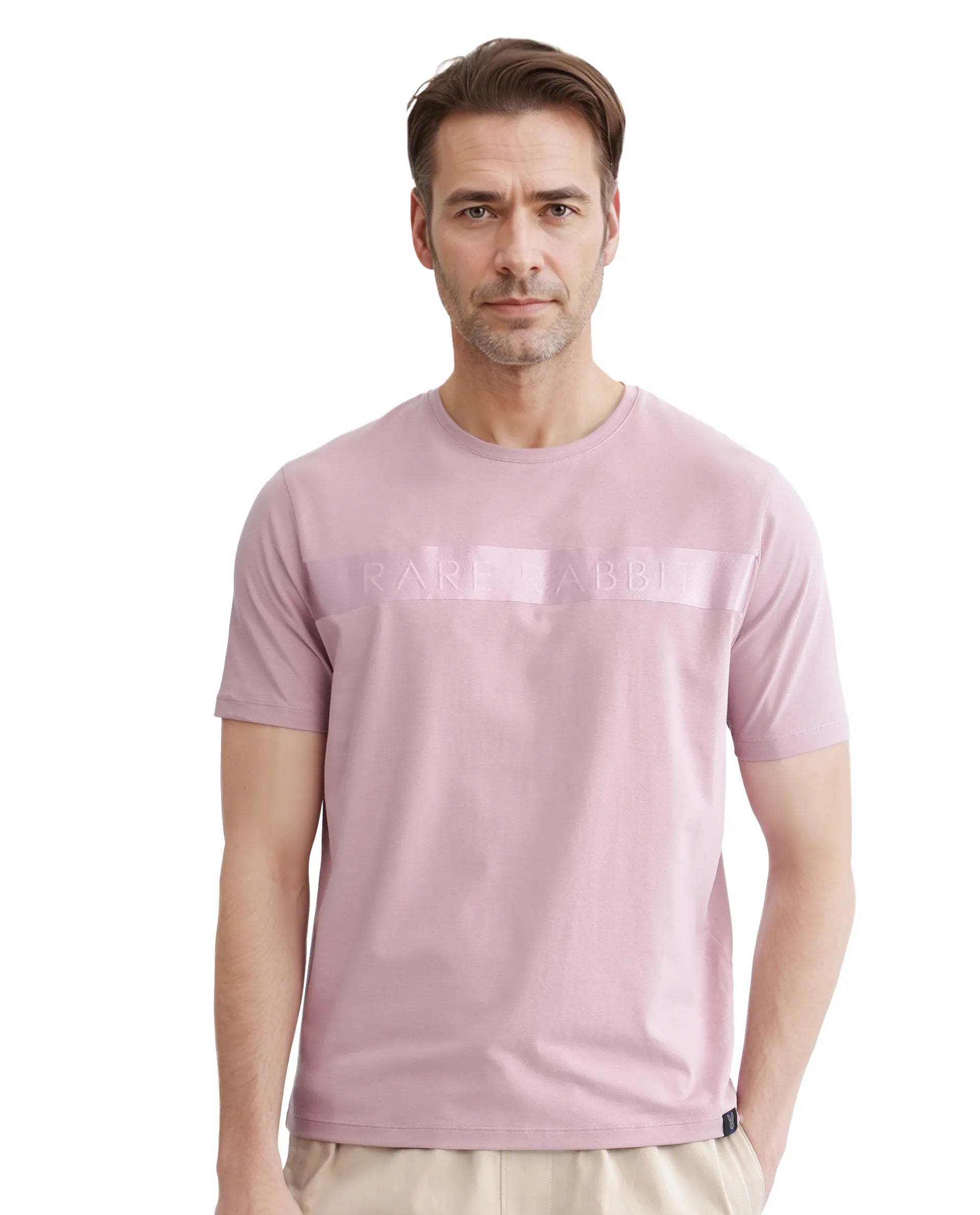Rare Rabbit Men's Olios-1 Light Pink Cotton Lycra Fabric Short Sleeve Crew Neck Graphic Print T-Shirt