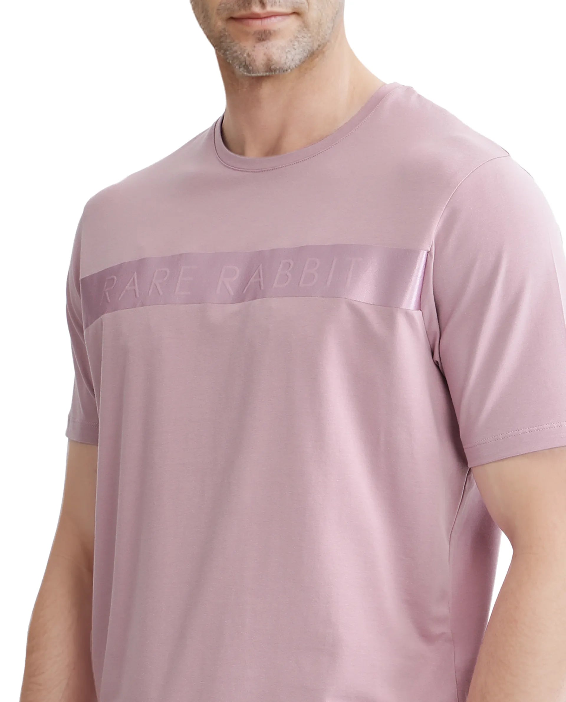 Rare Rabbit Men's Olios-1 Light Pink Cotton Lycra Fabric Short Sleeve Crew Neck Graphic Print T-Shirt