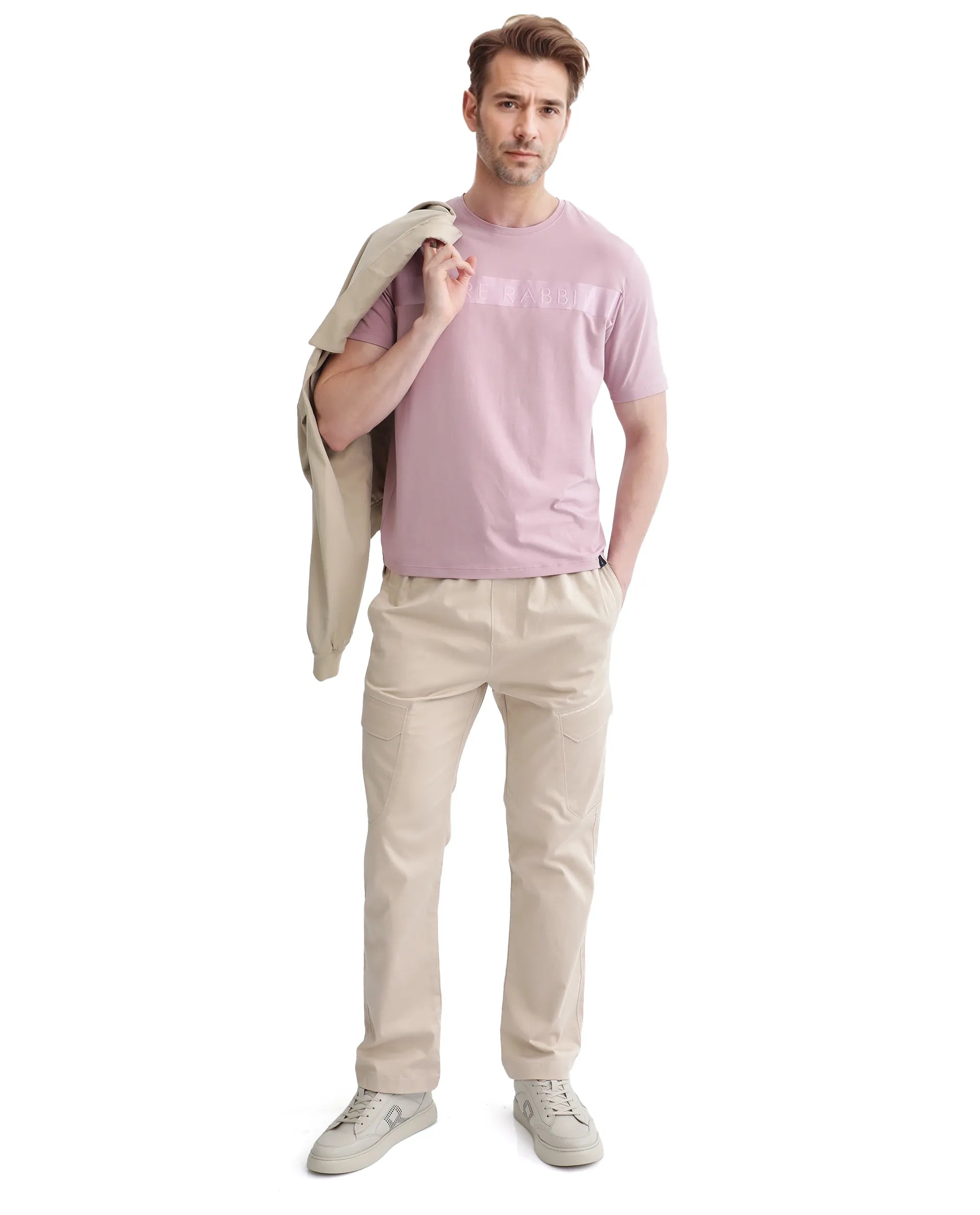 Rare Rabbit Men's Olios-1 Light Pink Cotton Lycra Fabric Short Sleeve Crew Neck Graphic Print T-Shirt