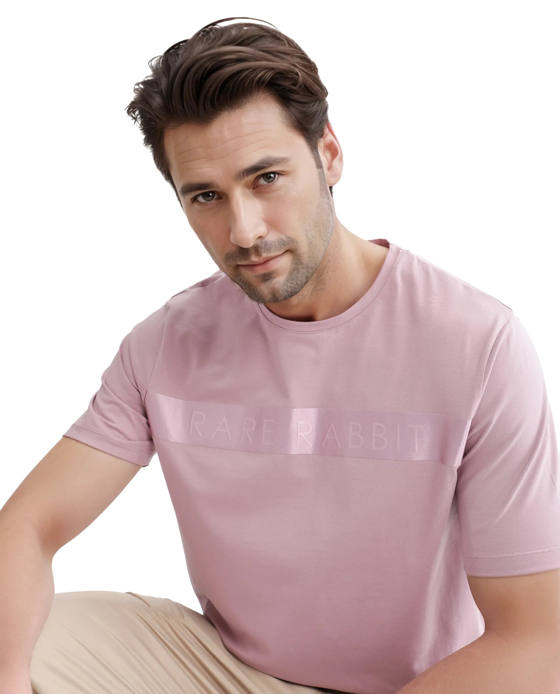 Rare Rabbit Men's Olios-1 Light Pink Cotton Lycra Fabric Short Sleeve Crew Neck Graphic Print T-Shirt