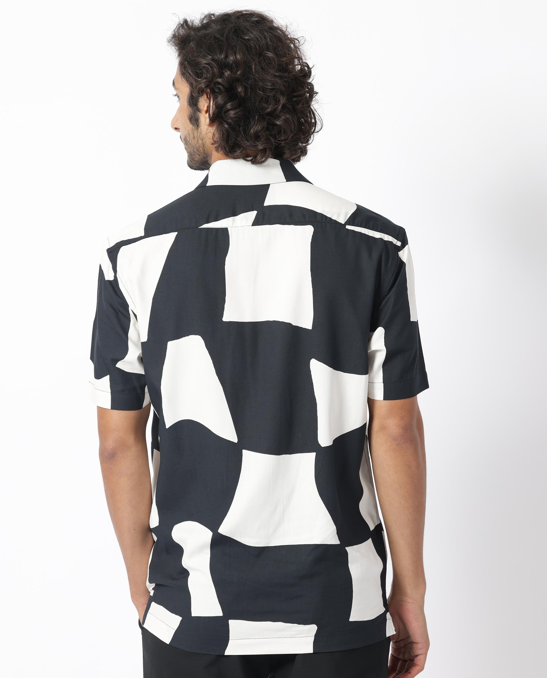 Rare Rabbit Men's Olivar Black Viscose Fabric Abstract Print Half Sleeves Shirt