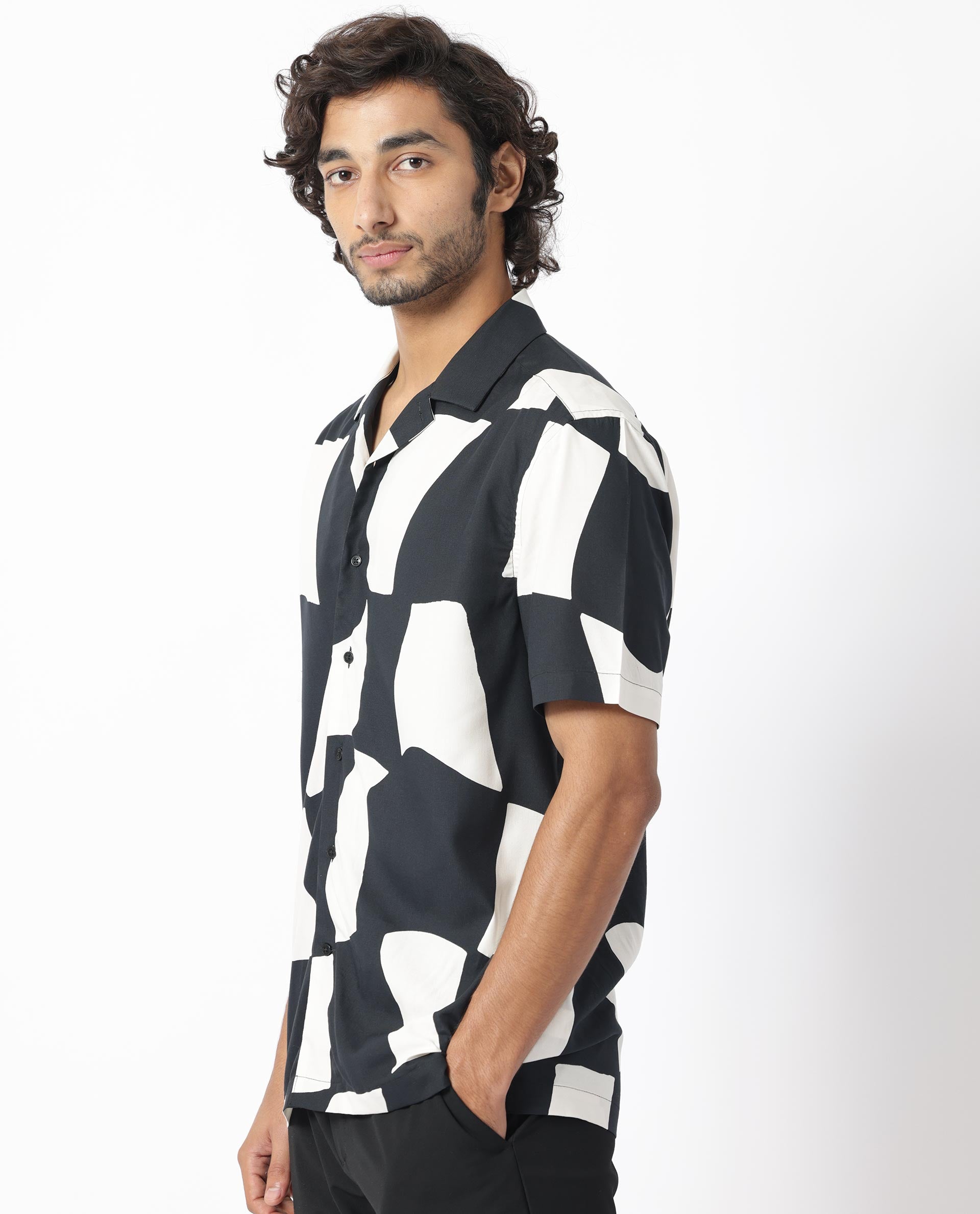 Rare Rabbit Men's Olivar Black Viscose Fabric Abstract Print Half Sleeves Shirt