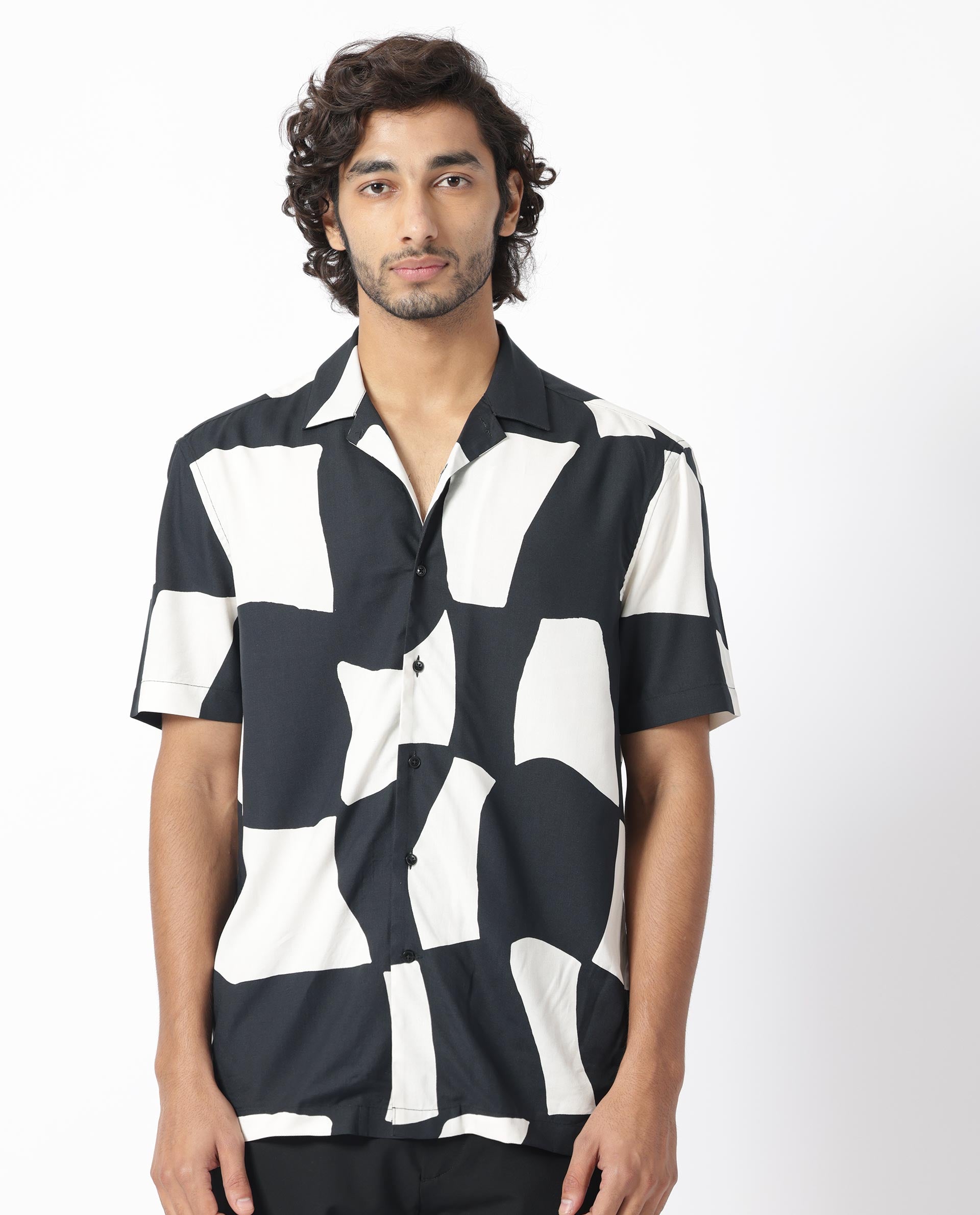 Rare Rabbit Men's Olivar Black Viscose Fabric Abstract Print Half Sleeves Shirt